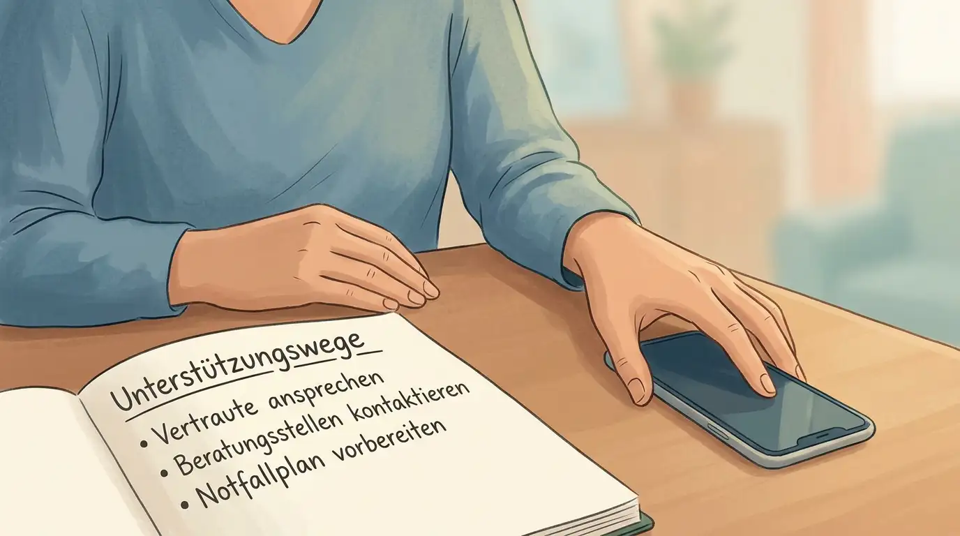 Eine Person legt ein Smartphone beiseite und notiert unterstützende nächste Schritte