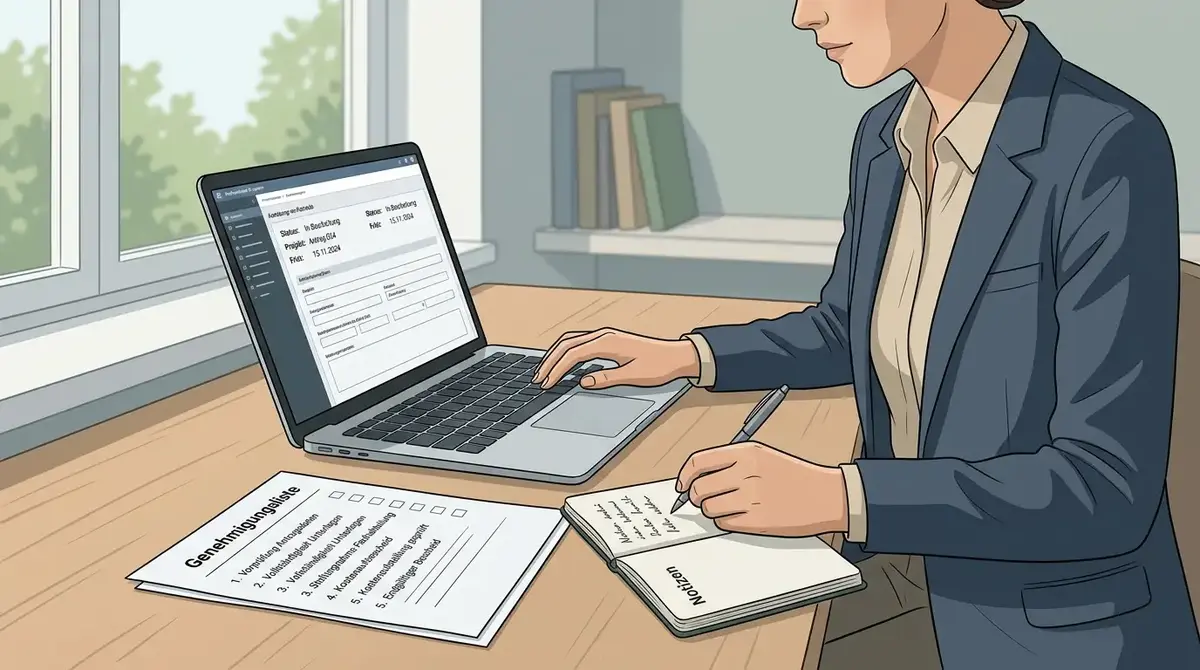 Eine Person prüft am Laptop eine Liste mit Erlaubnis- und Warnhinweisen