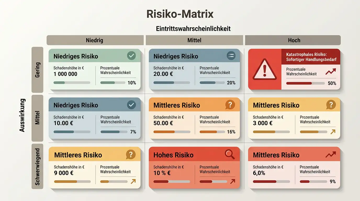 Risikomatrix mit Lupe und markierten Warnzeichen