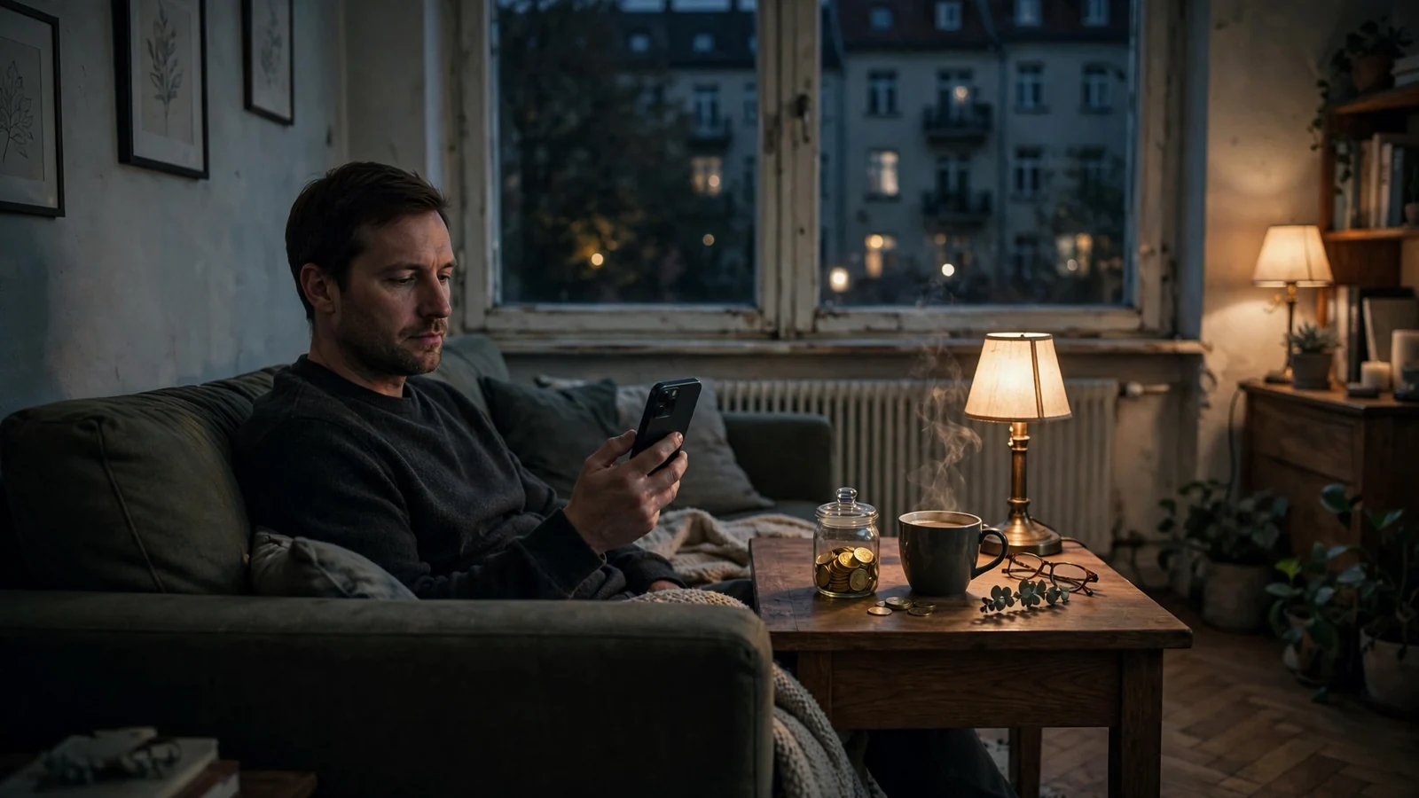 Abendliche Szene mit Smartphone, Münzglas und Kaffee auf dem Tisch.