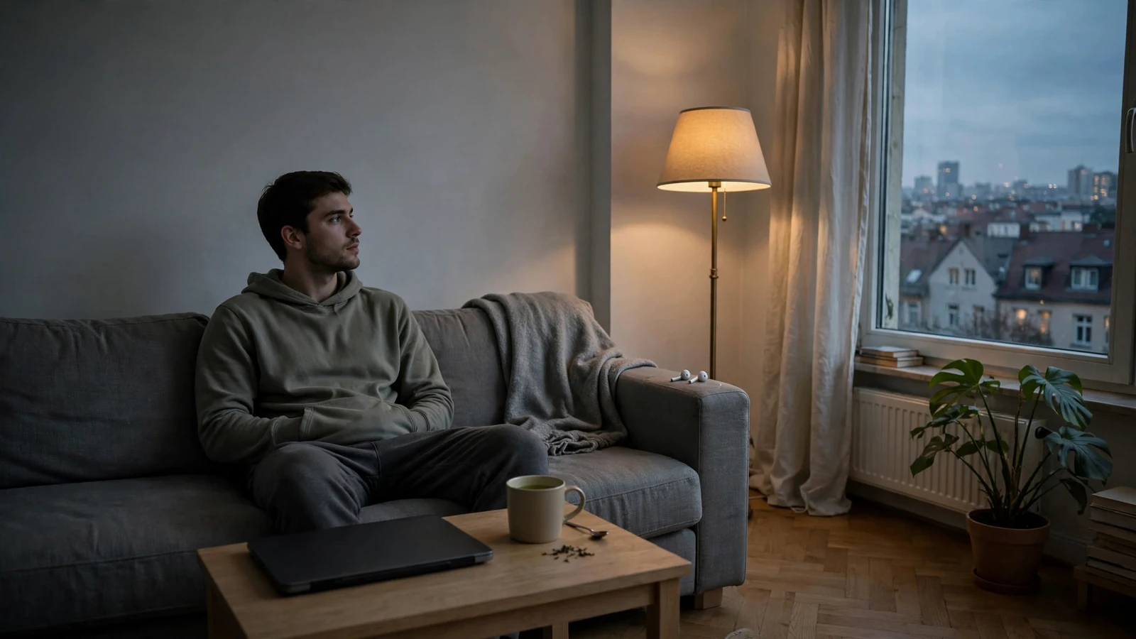 Junger Mann entspannt abends auf dem Sofa mit geschlossenem Laptop und Tee.
