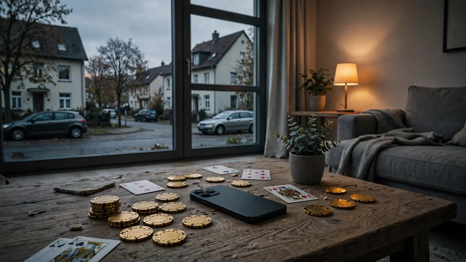 Smartphone auf Couchtisch mit Casino-Chips und Spielkarten in deutscher Wohnung bei Abendlicht