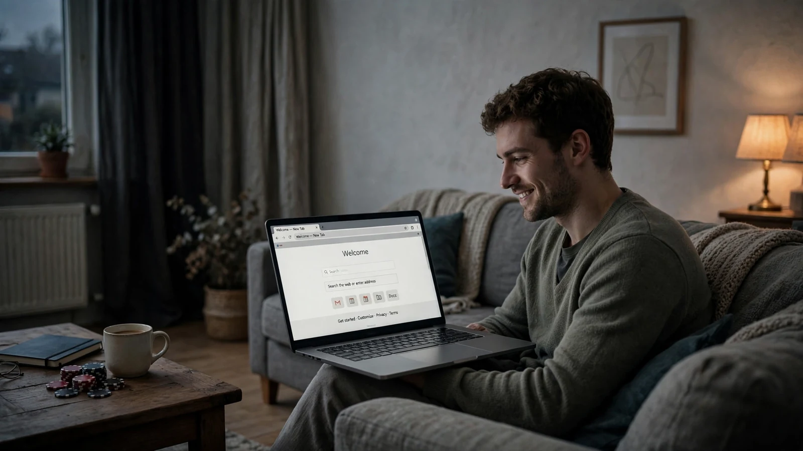 Junger Mann auf der Couch mit Laptop und Casino-Chips im Wohnzimmer