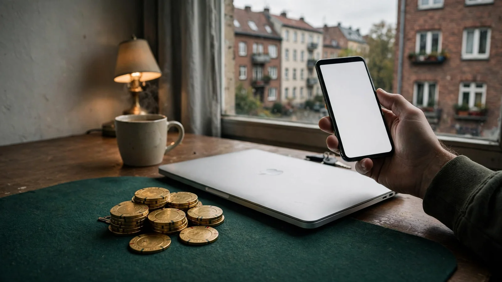 Casino-Chips neben einem Laptop und Smartphone auf einem Schreibtisch in einer deutschen Wohnung.