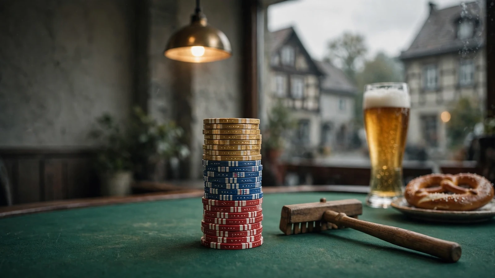 Stapel bunter Casino-Chips auf grünem Spieltisch mit Rouletterakel, Bierglas und Brezel im Hintergrund.