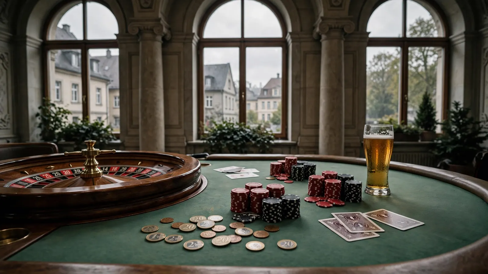 Casino-Tisch mit Roulette, Pokerchips, Euro-Münzen und Spielkarten