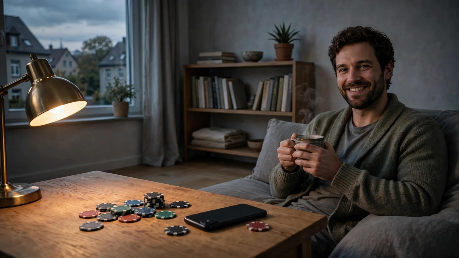 Gemütliches Wohnzimmer in Deutschland mit Casino-Chips und entspannter Person auf dem Sofa.