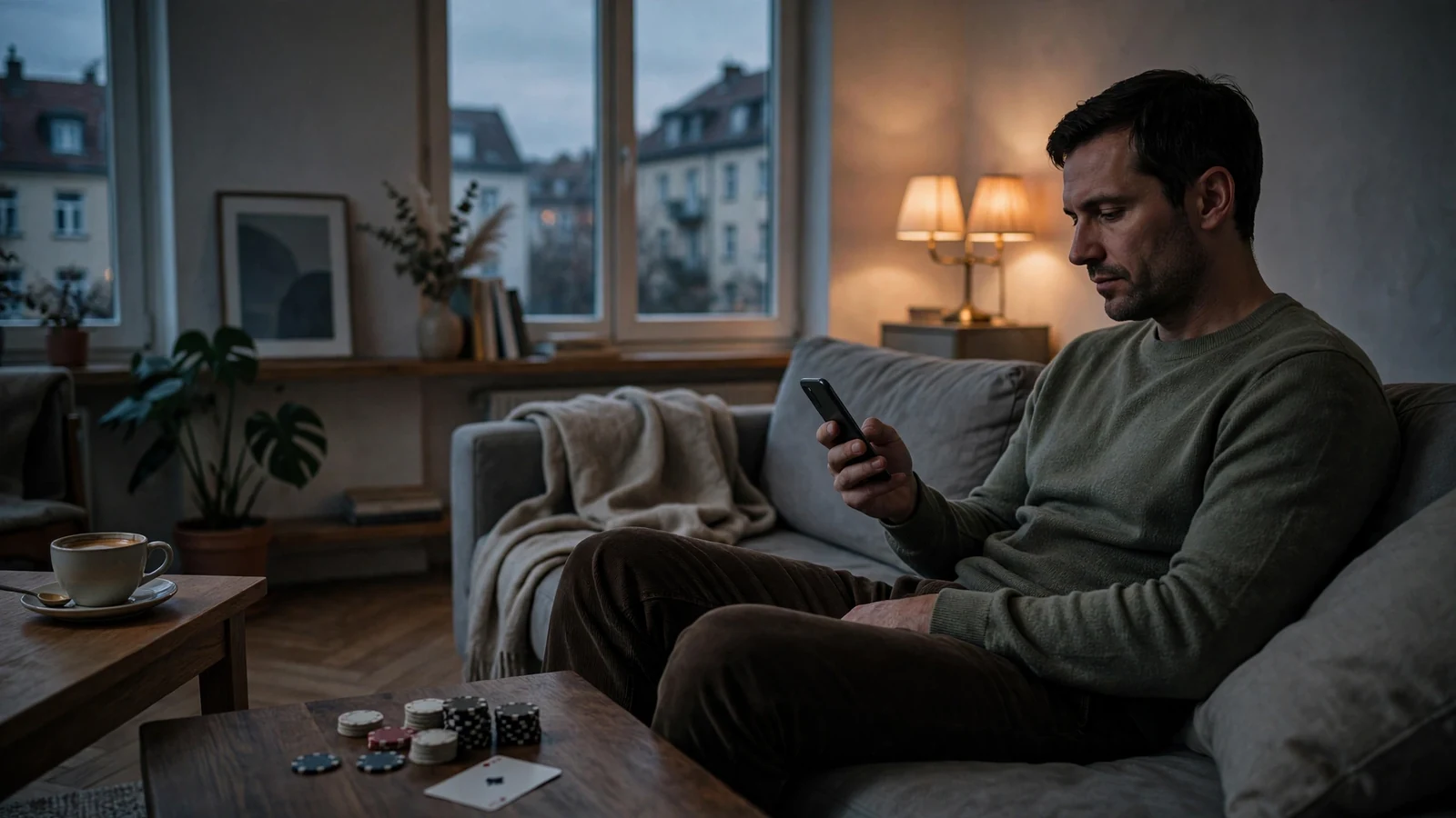 Person entspannt mit Smartphone auf der Couch, Casino-Chips und Spielkarte auf dem Tisch.