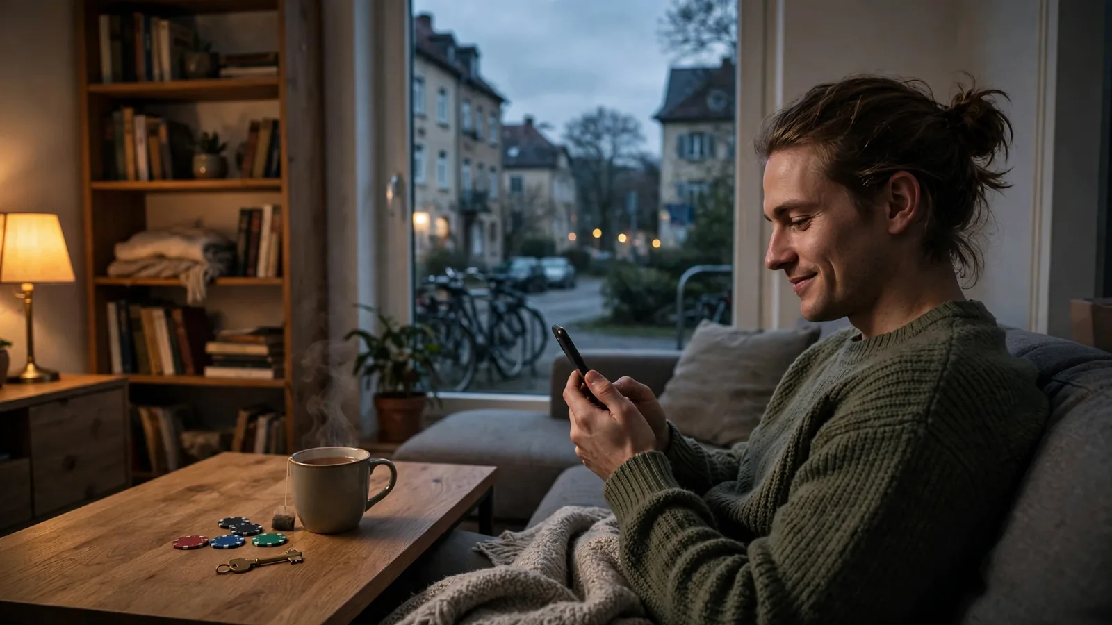 Junge Person entspannt auf dem Sofa mit Smartphone, Casino-Chips und Schlüssel auf dem Tisch