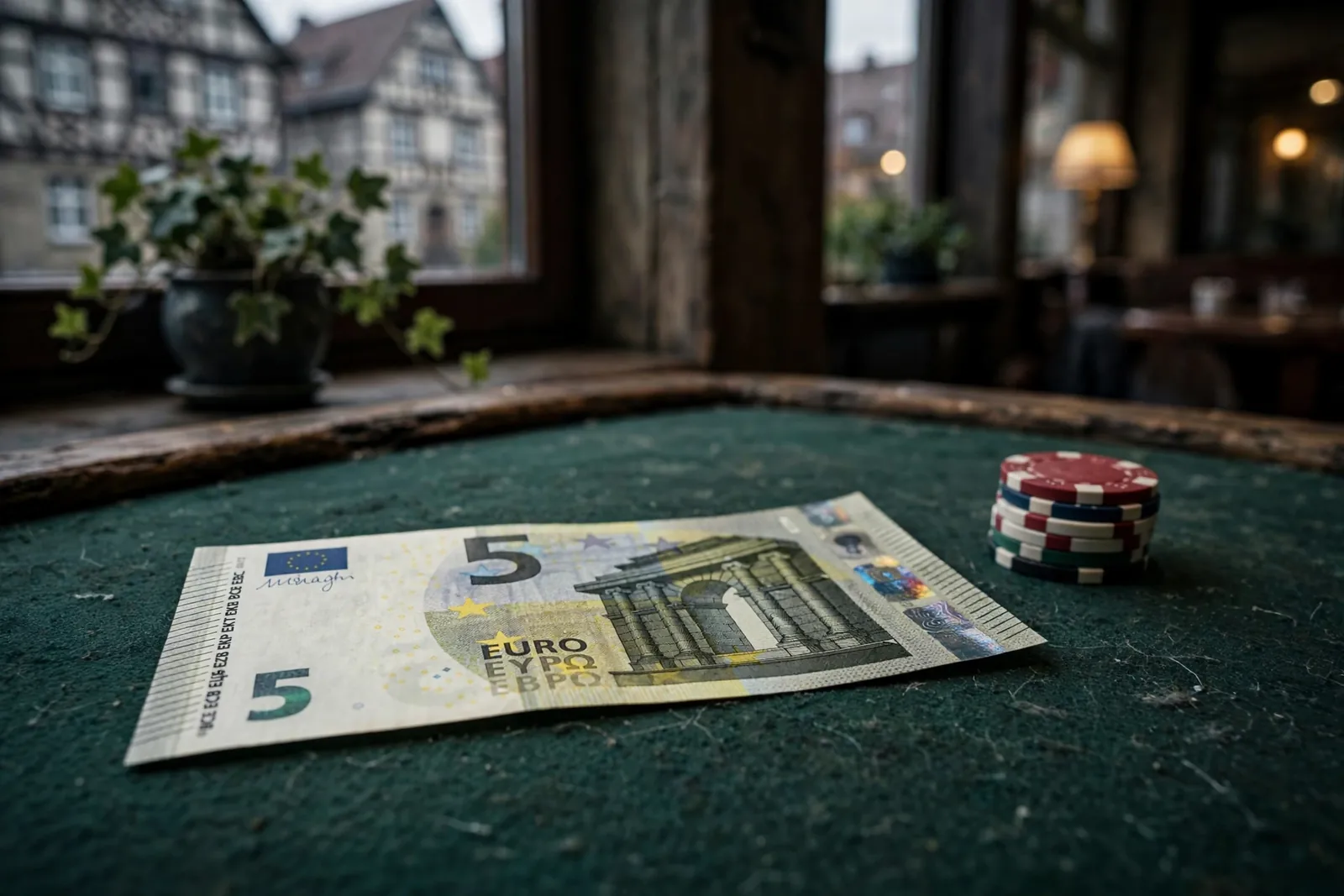 Fünf-Euro-Schein auf grünem Spieltisch neben Casino-Chips
