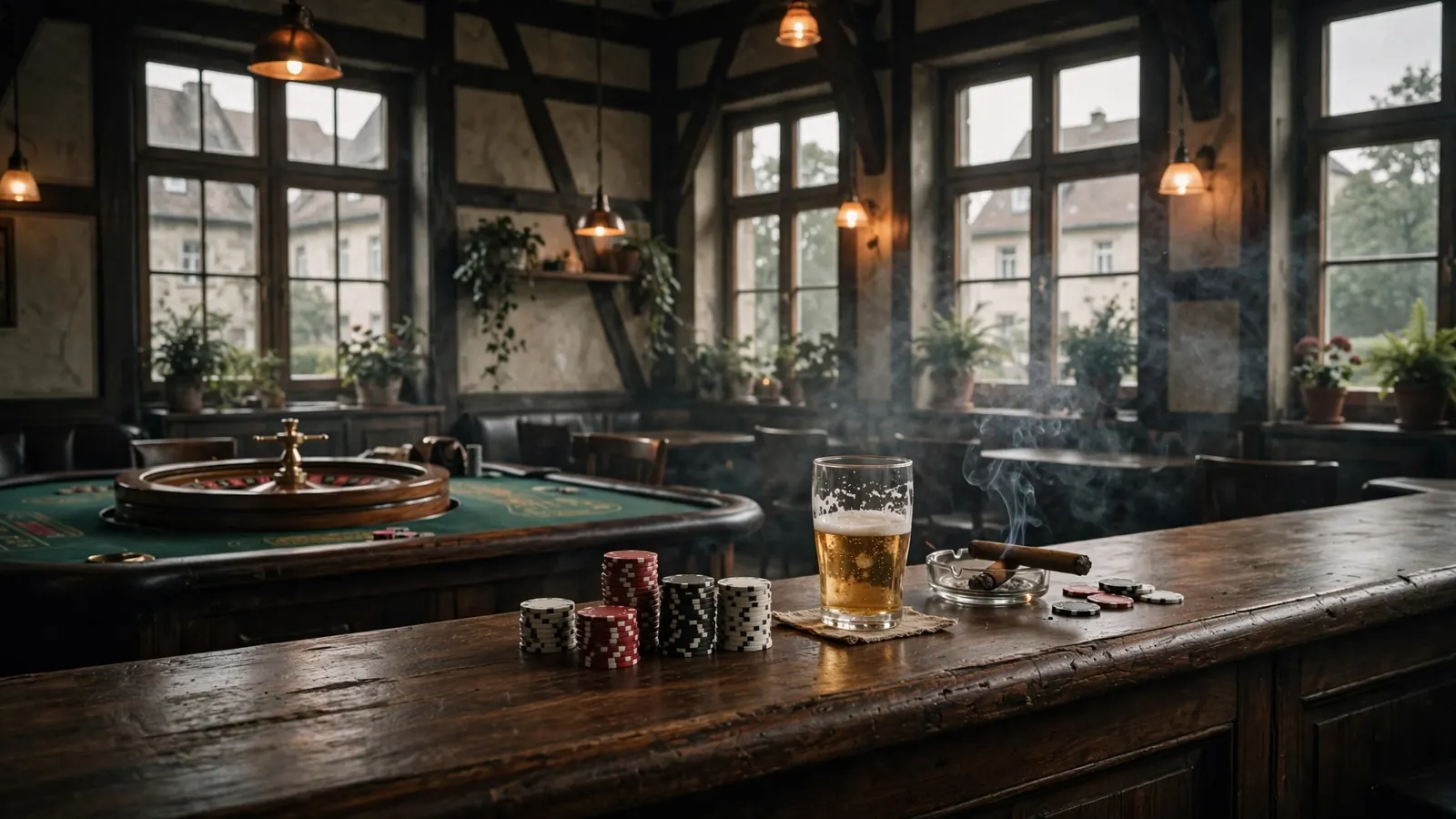 Stimmungsvoll beleuchtete Casino-Lounge in Deutschland mit Pokerchips und Roulette.