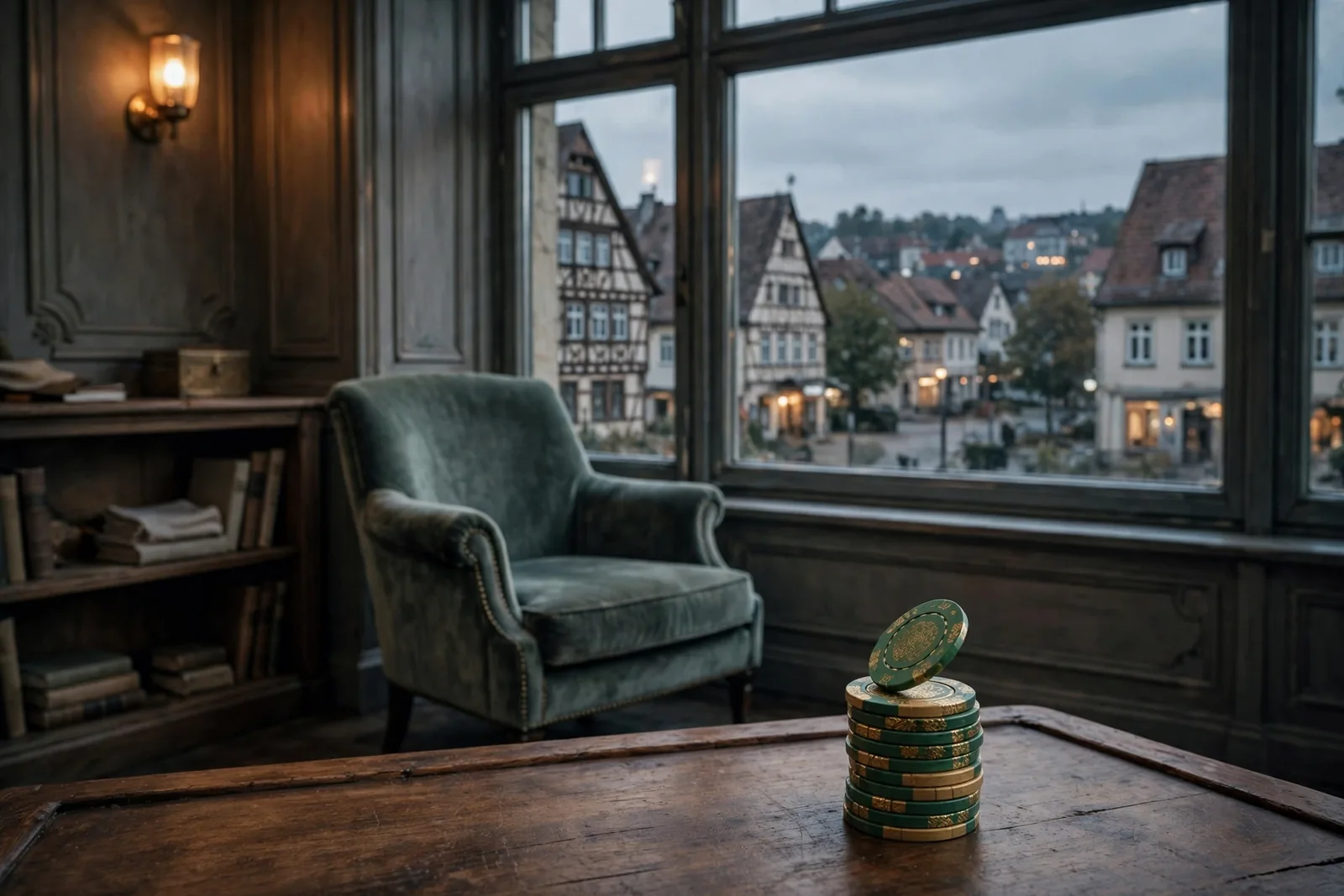 Gemütliche deutsche Casino-Lounge mit Spieltisch und Spielchips bei warmem Abendlicht