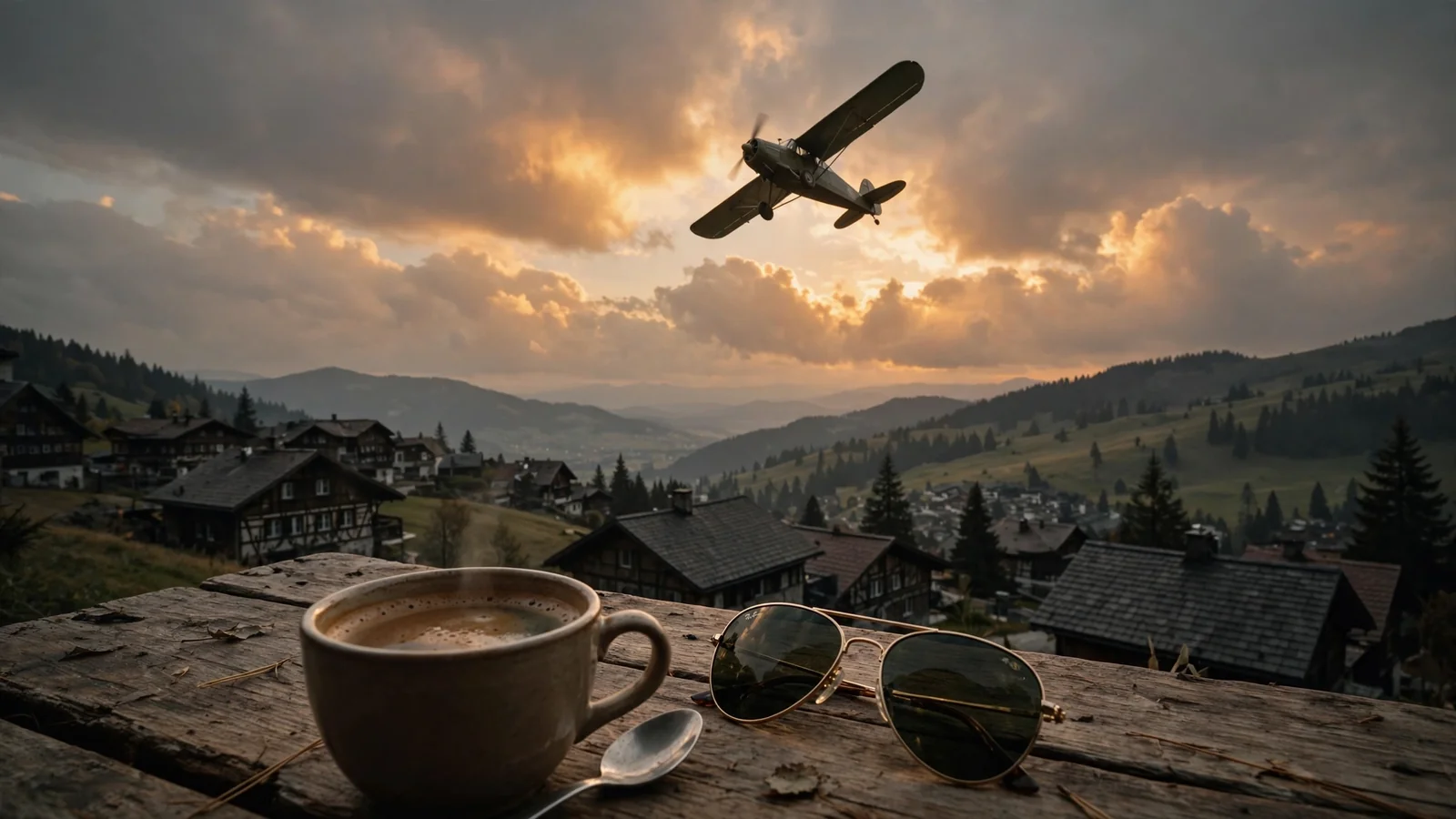 Ein Propellerflugzeug steigt dramatisch in den Abendhimmel auf, Aviator-Sonnenbrille und Kaffeetasse auf einem Holztisch im Vordergrund.