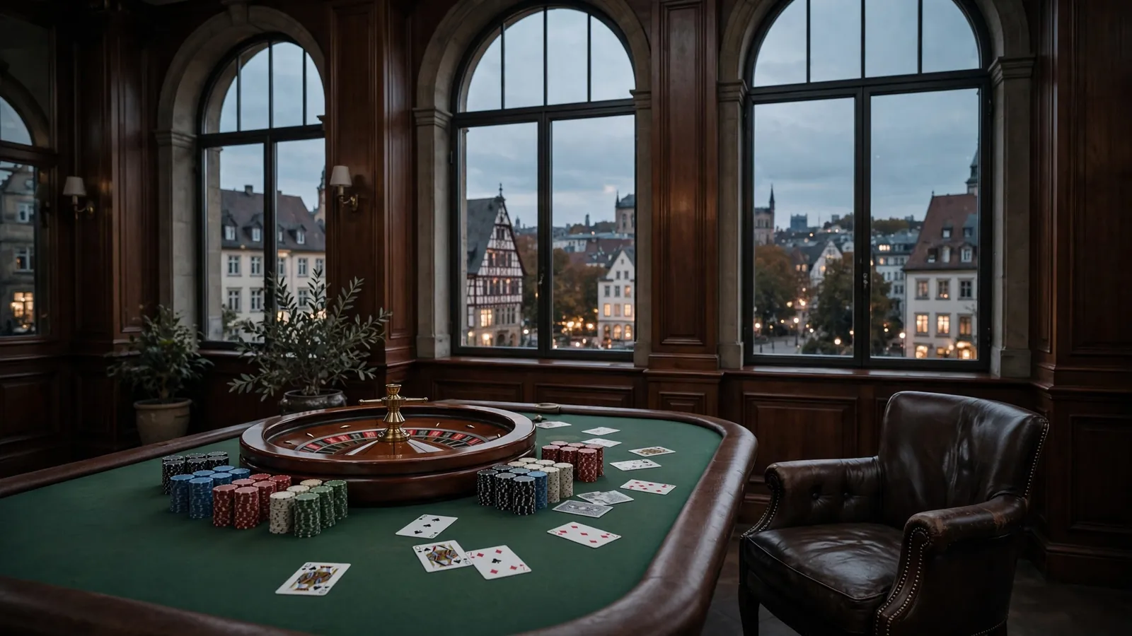 Elegante europäische Casino-Lounge mit Roulette-Tisch und Stadtkulisse bei Dämmerung.