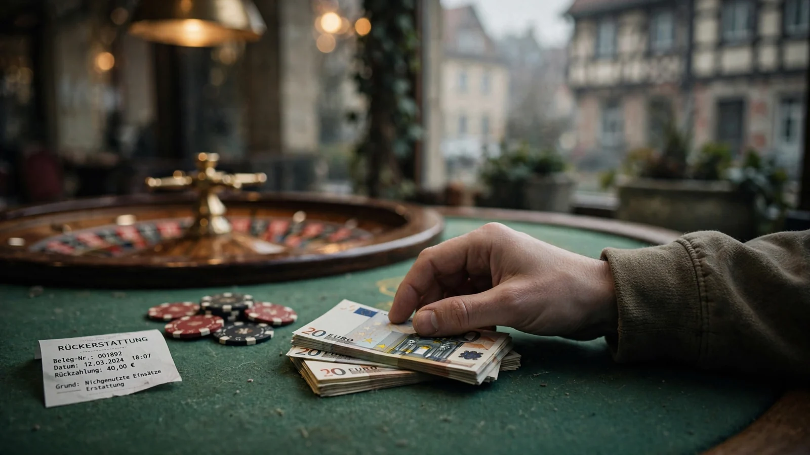 Hand erstattet Euro-Scheine am Casino-Tisch mit Roulette und Chips.