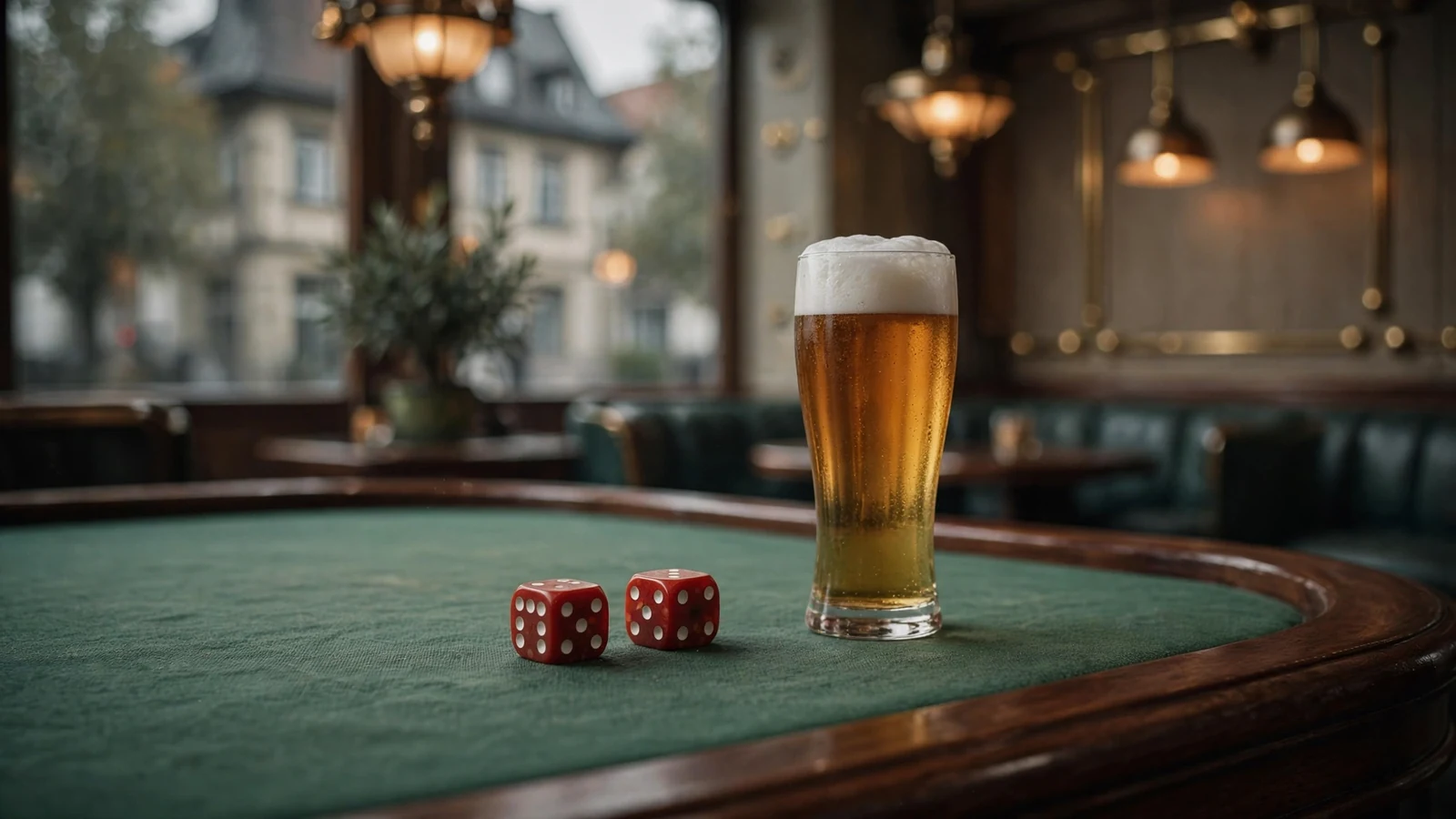 Würfel auf grünem Filz mit deutschem Weizenbier in elegantem Casino-Interieur