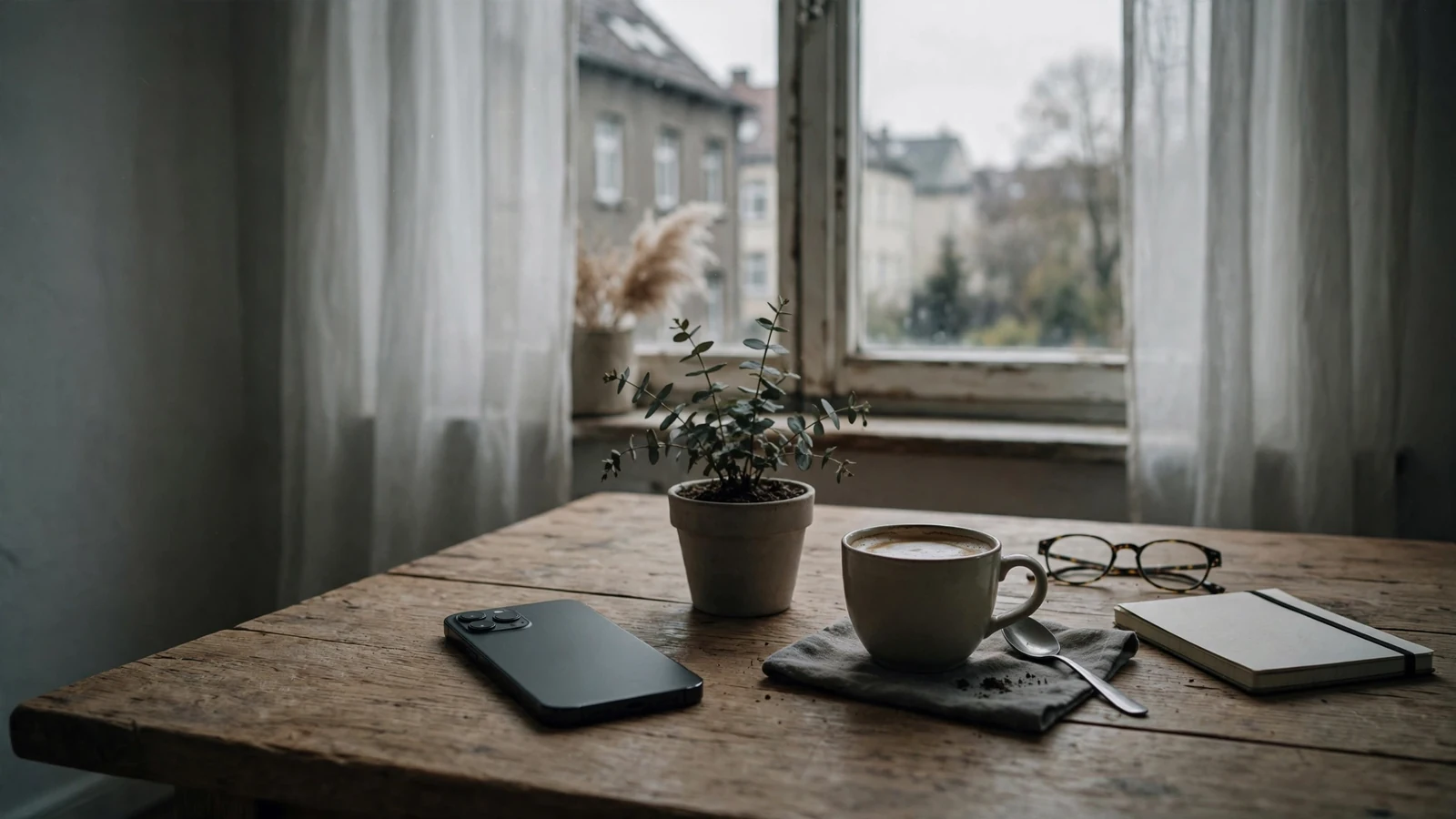 Smartphone mit abgewandtem Bildschirm auf einem Tisch in einer hellen deutschen Wohnung
