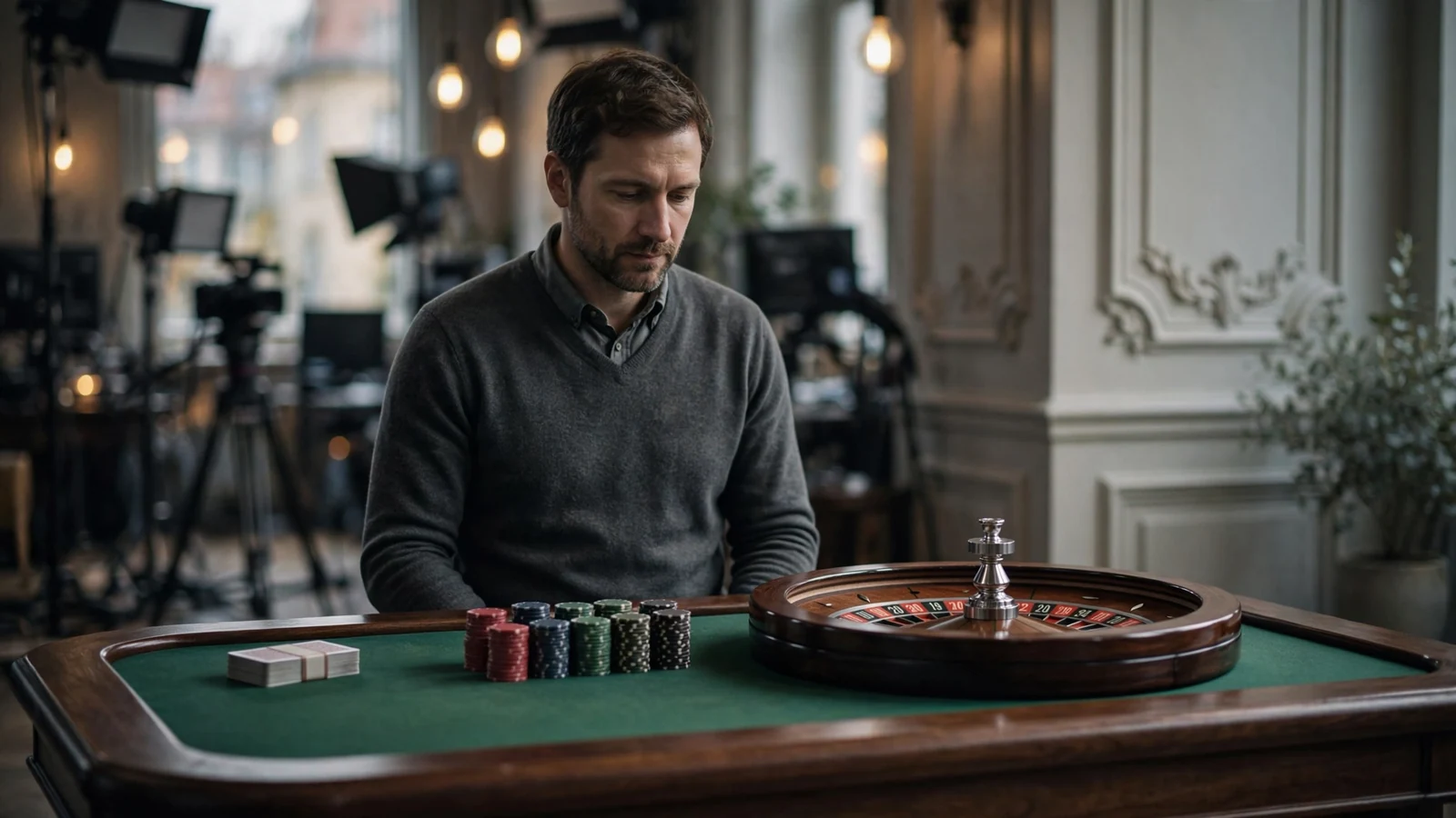 Professioneller Croupier an einem Spieltisch mit Roulette und Chips in einem Studio
