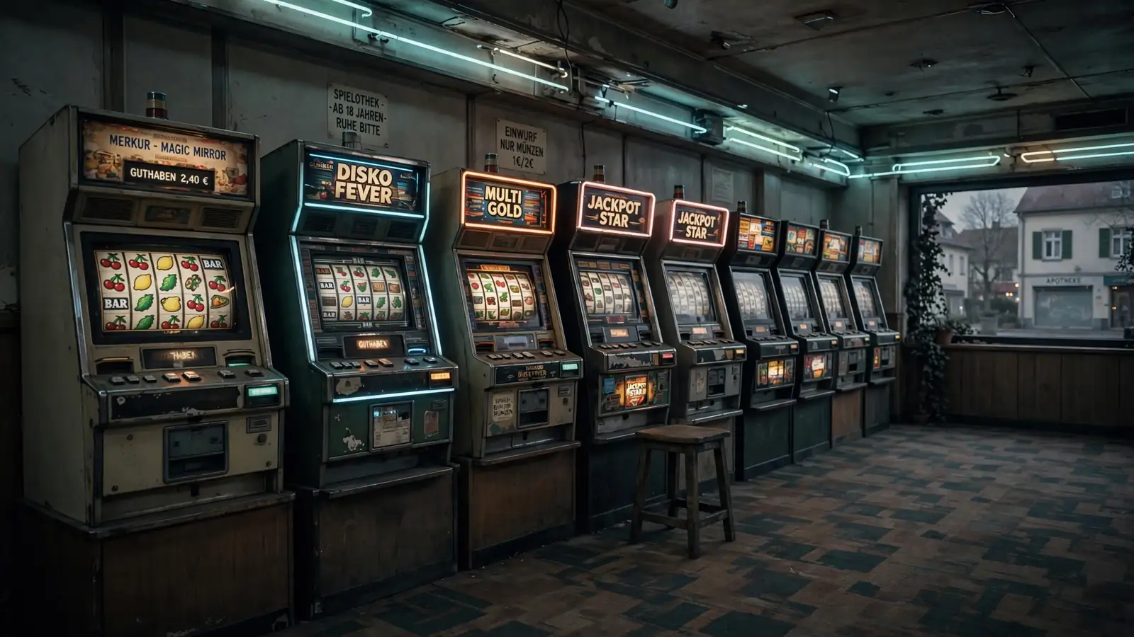 Innenansicht einer klassischen deutschen Spielhalle mit alten Spielautomaten und Neonbeleuchtung.