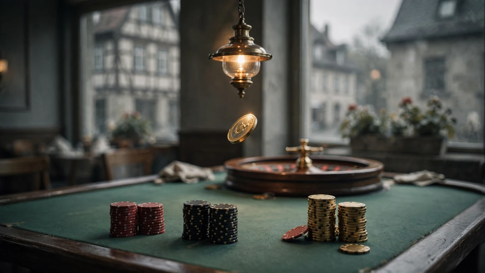 Grüner Spieltisch mit Pokerchips, Roulette im Hintergrund und einer goldenen Münze in der Luft