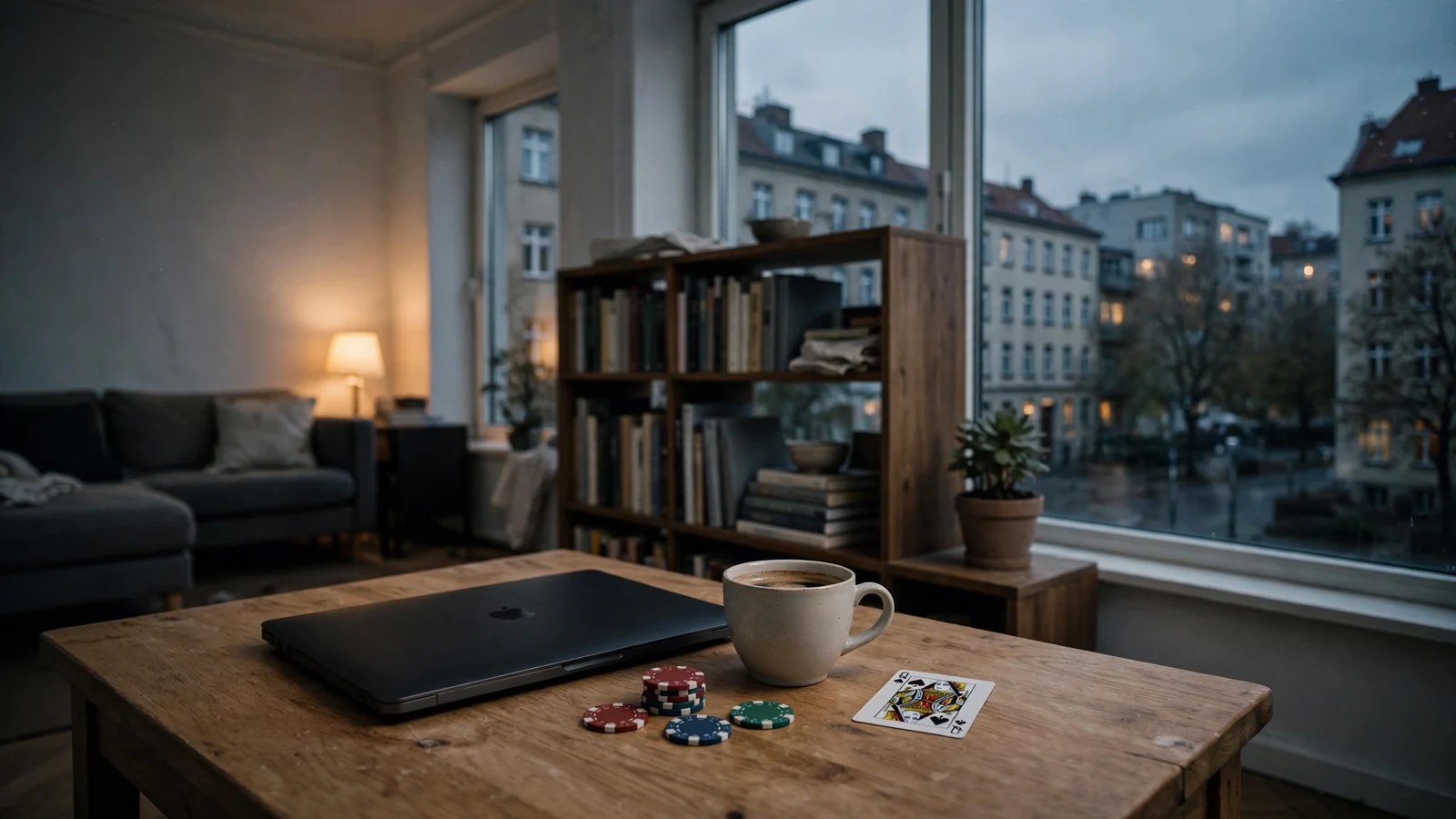Moderne Berliner Wohnung mit geschlossenem Laptop, Casino-Chips und Spielkarte auf dem Tisch