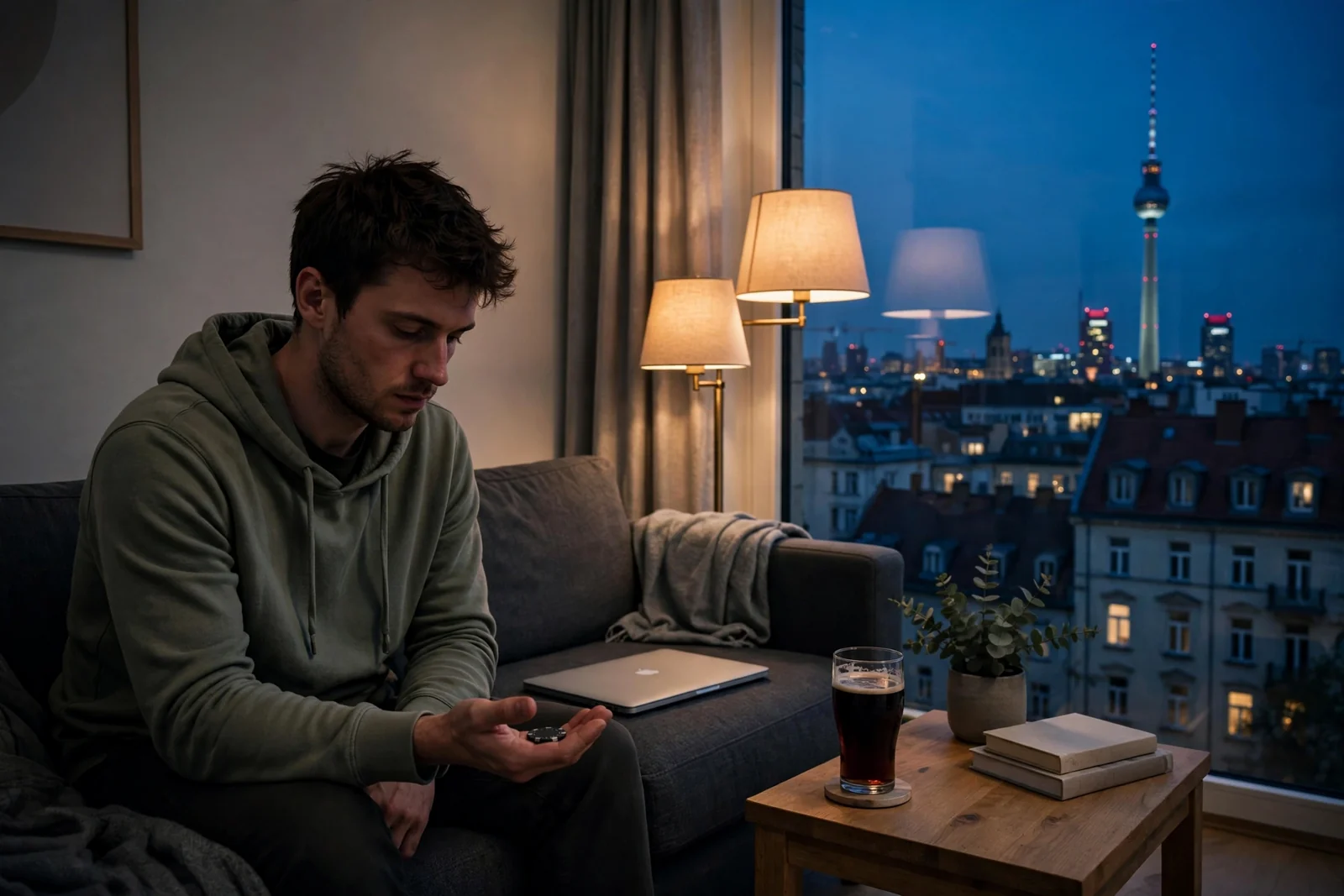 Junger Mann auf Sofa mit geschlossenem Laptop und Poker-Chip bei Bier