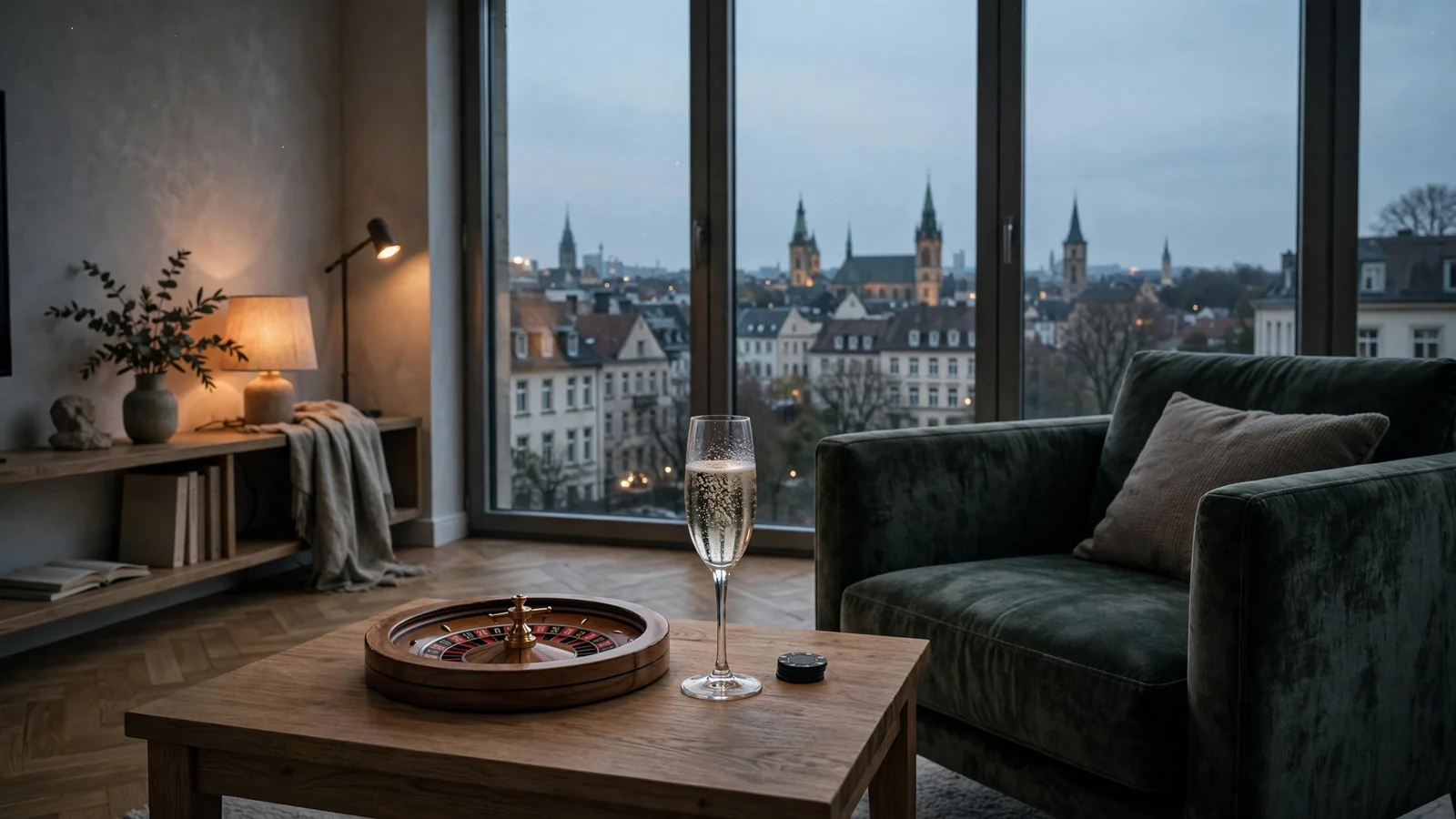 Abendliche Wohnzimmerszene in Deutschland mit Roulettekessel und Casino-Chip auf dem Tisch