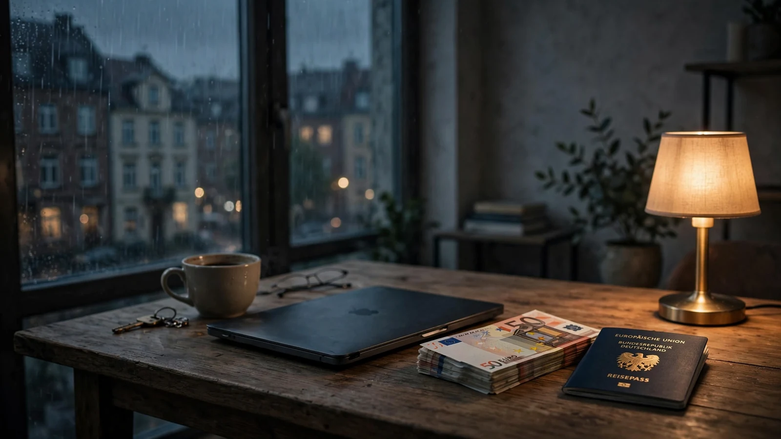 Nächtliche Szene in einer deutschen Wohnung mit Laptop, Euro-Scheinen und Reisepass