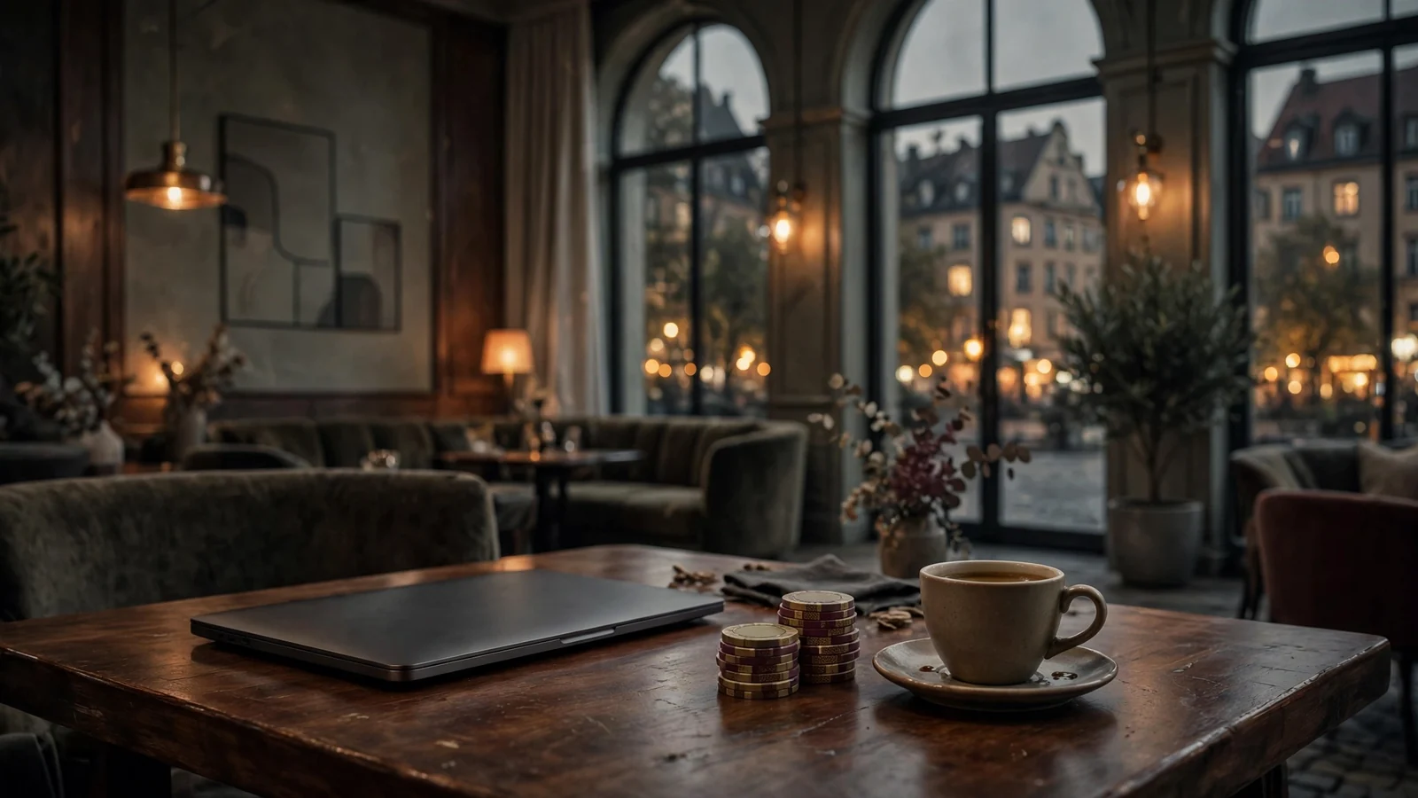 Eleganter Abend-Lounge mit geschlossenem Laptop, Casino-Chips und unscharfer ausländischer Stadtansicht durch das Fenster.
