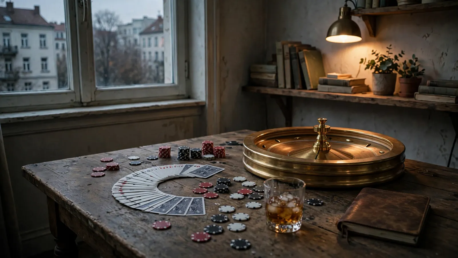 Casino-Chips, Roulette und Spielkarten auf einem Holztisch in Berliner Wohnung.