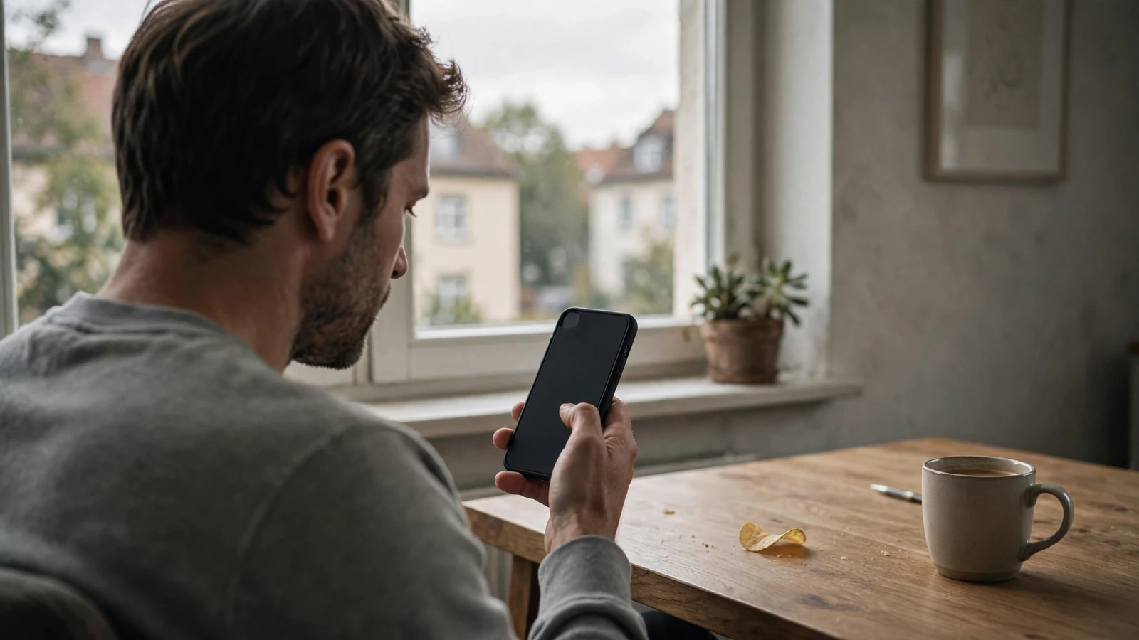 Spieler mit Smartphone am Schreibtisch in moderner Wohnung