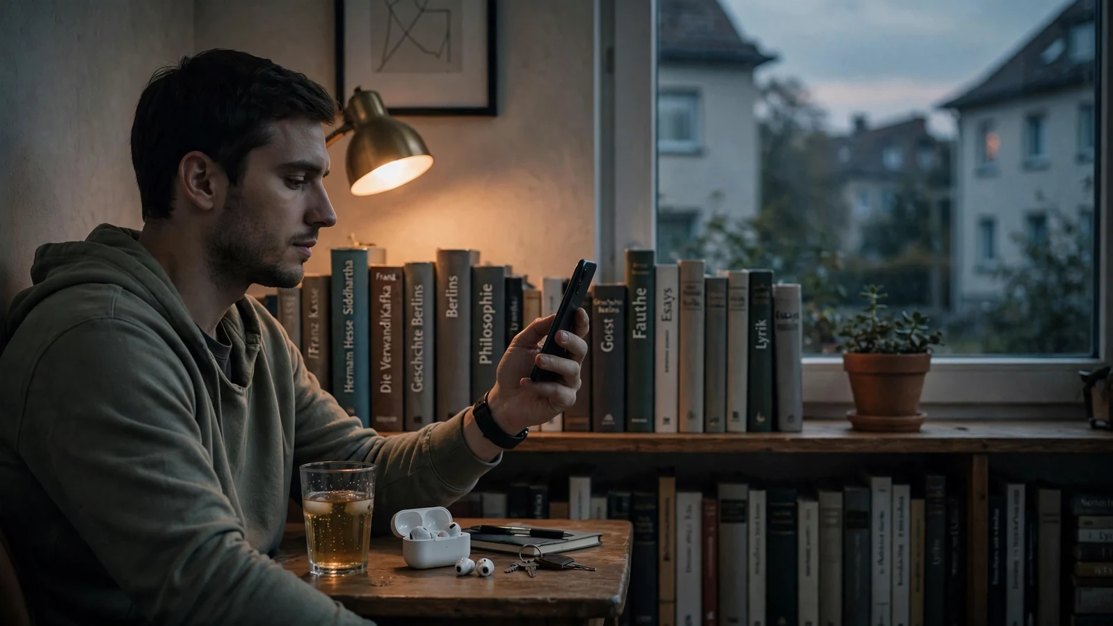 Junger Mann mit Smartphone am Schreibtisch in moderner deutscher Wohnung