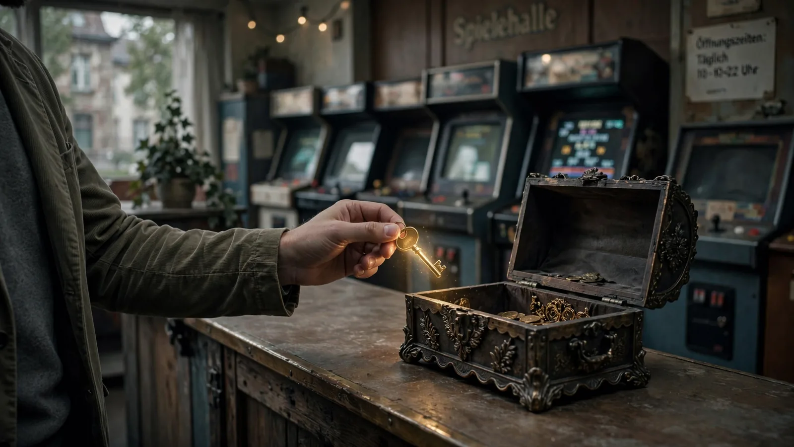 Goldener Schlüssel wird über einen Tresen in einer Spielhalle überreicht, daneben eine geöffnete Schatztruhe.