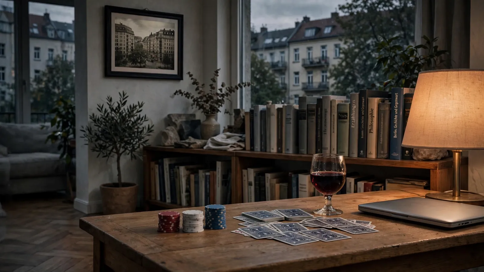 Abendlicher Wohnzimmertisch mit gestapelten Casino-Chips, Spielkarten und Weinglas in moderner deutscher Wohnung.