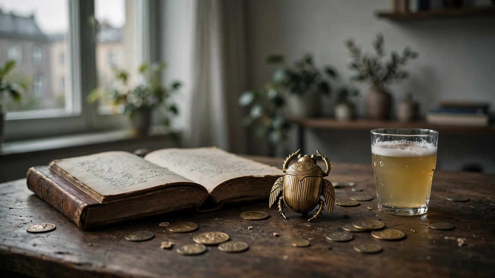 Goldener Skarabäus, aufgeschlagenes Buch und antike Münzen auf einem Schreibtisch