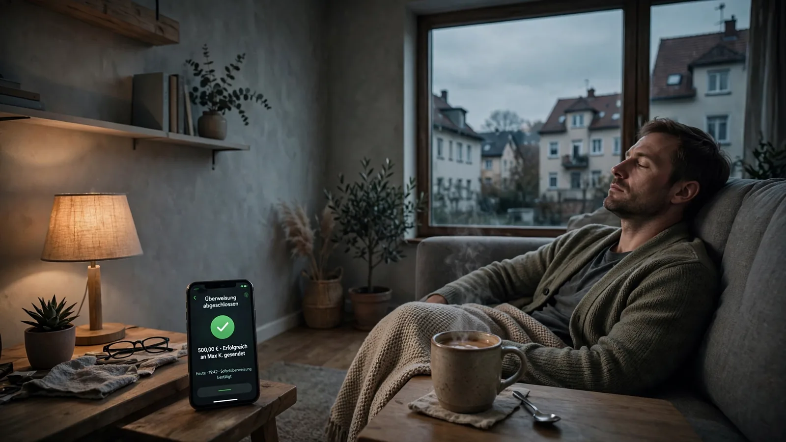 Gemütliches Wohnzimmer in Deutschland mit Smartphone, das eine erfolgreiche Sofortauszahlung anzeigt.