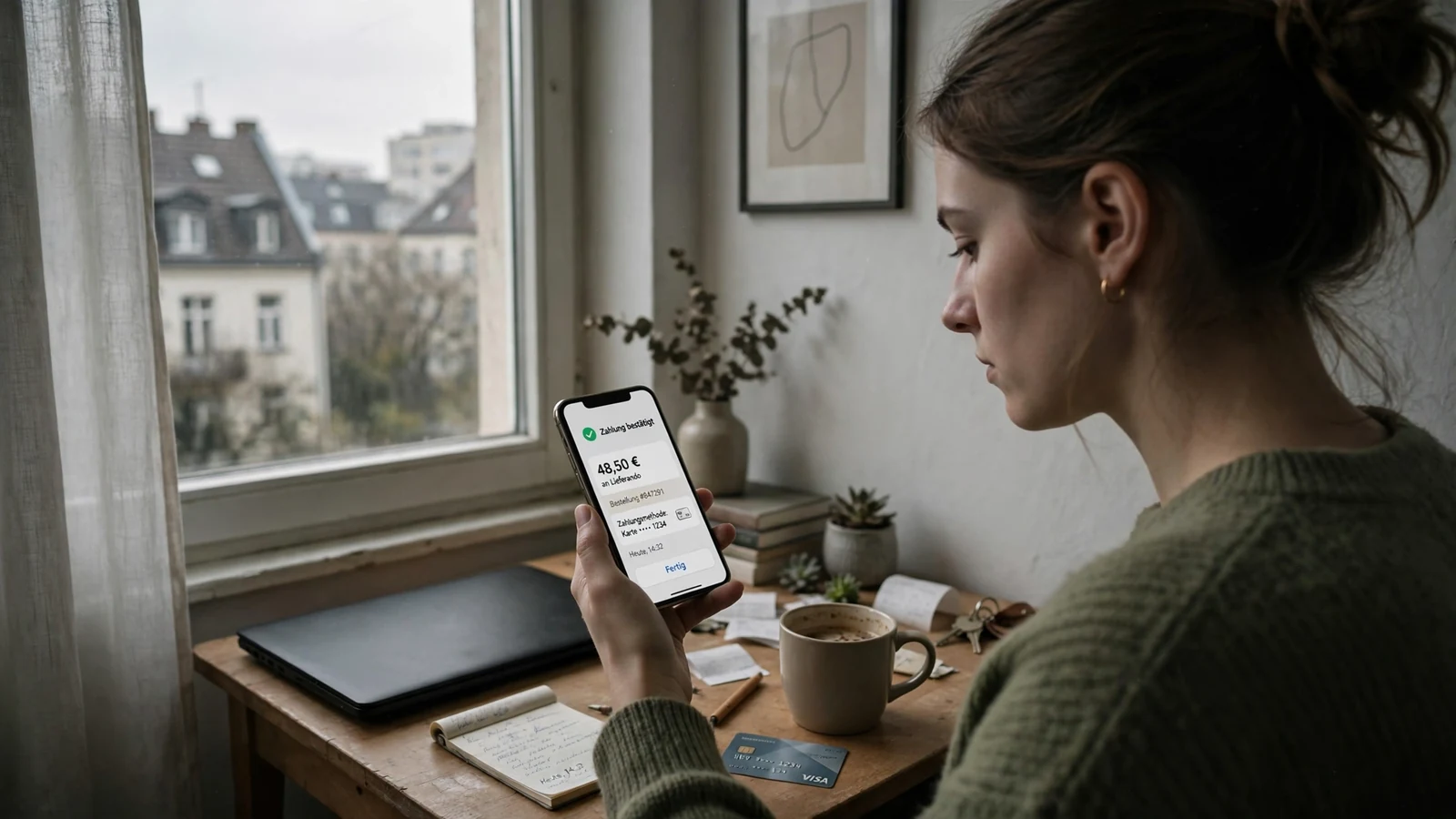 Person in Berlin-Wohnung bestätigt Online-Zahlung per Smartphone neben Laptop