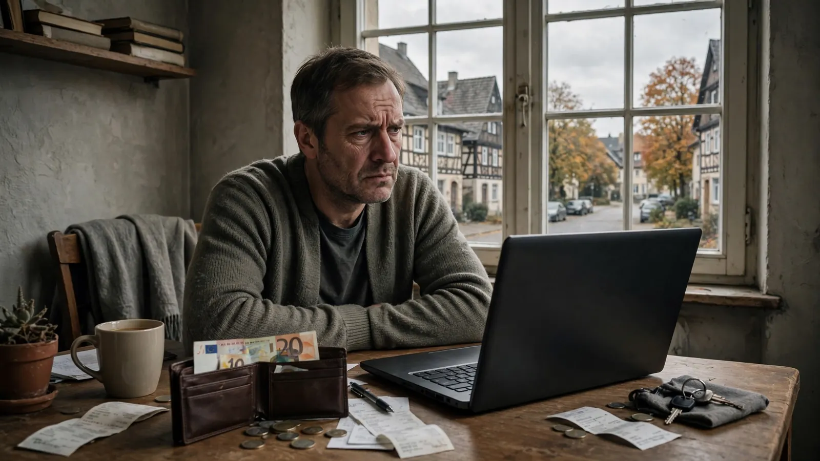Mann betrachtet frustriert Laptop zuhause in Deutschland