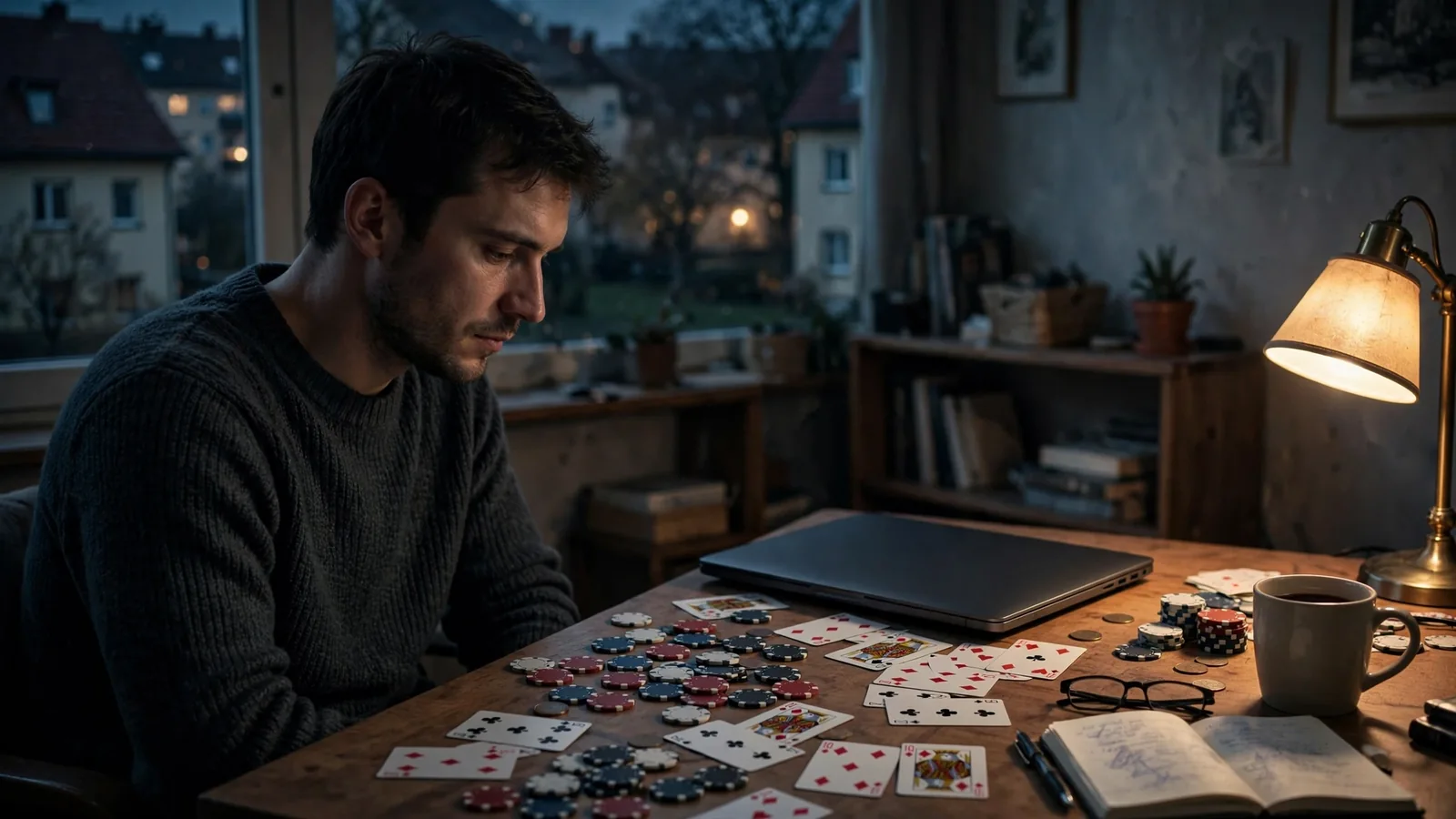 Junger Mann am Schreibtisch mit Laptop und Casino-Chips bei Nacht