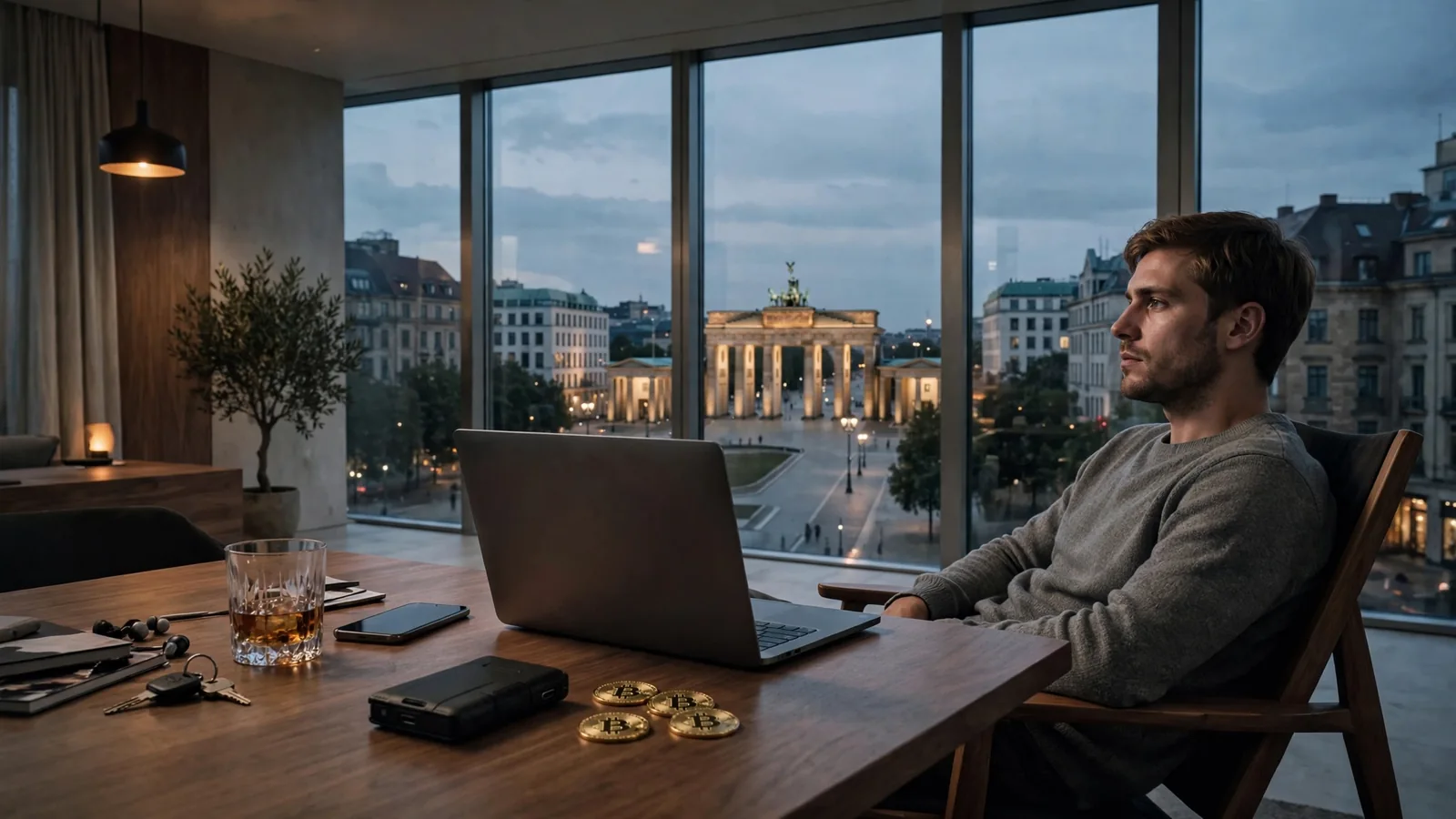 Junger Mann in moderner Berliner Wohnung mit Krypto-Wallet und Blick auf das Brandenburger Tor bei Nacht.
