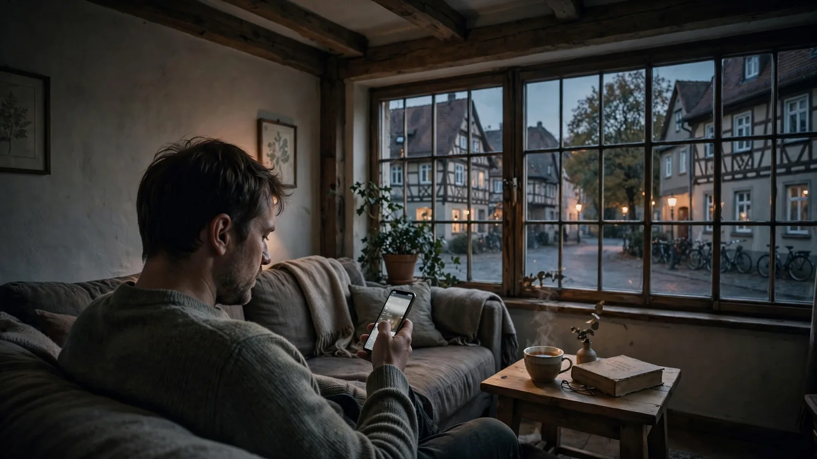 Entspannter Abend im deutschen Wohnzimmer mit Smartphone und Tee