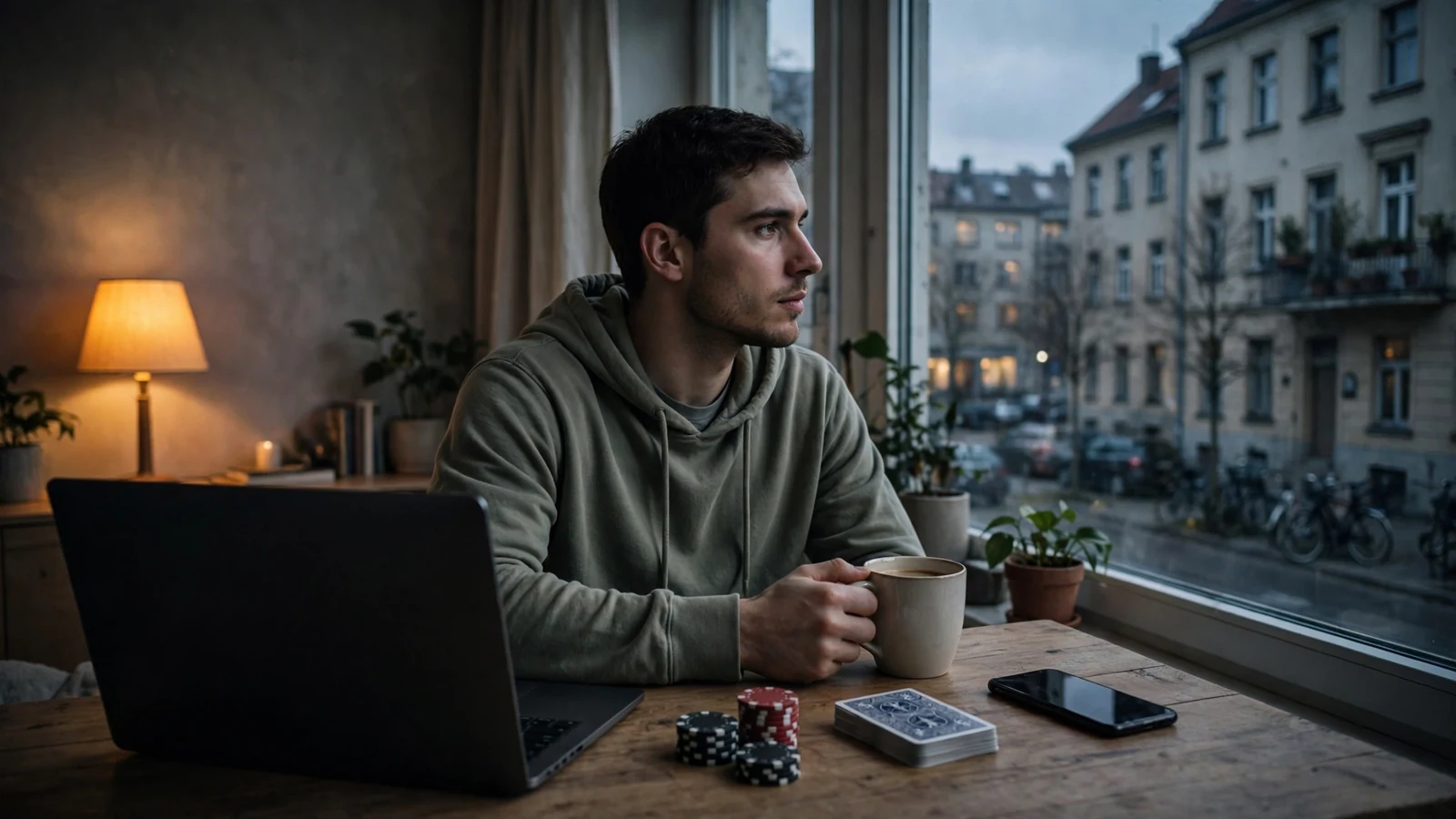 Mann abends in Berliner Wohnung mit Laptop und Spielkarten am Tisch