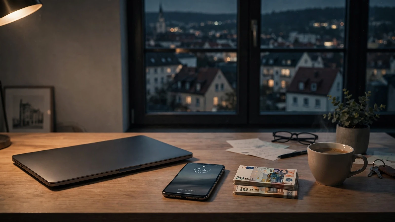 Moderner Schreibtisch mit Laptop, Smartphone und Euro-Scheinen in einer deutschen Wohnung.