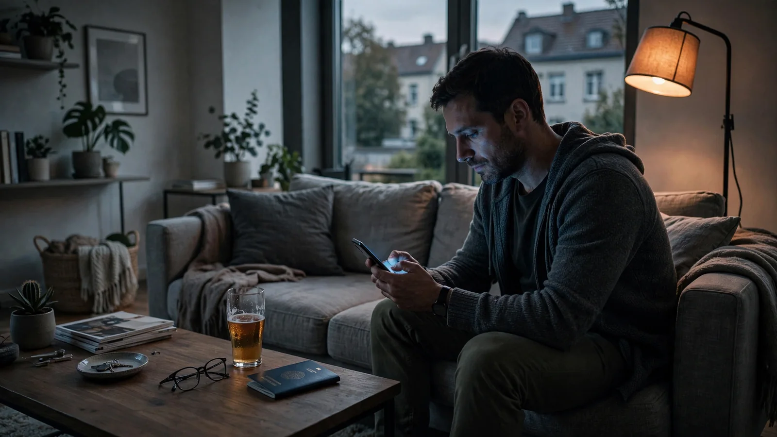 Mann auf Sofa mit Smartphone, Reisepass und Bier