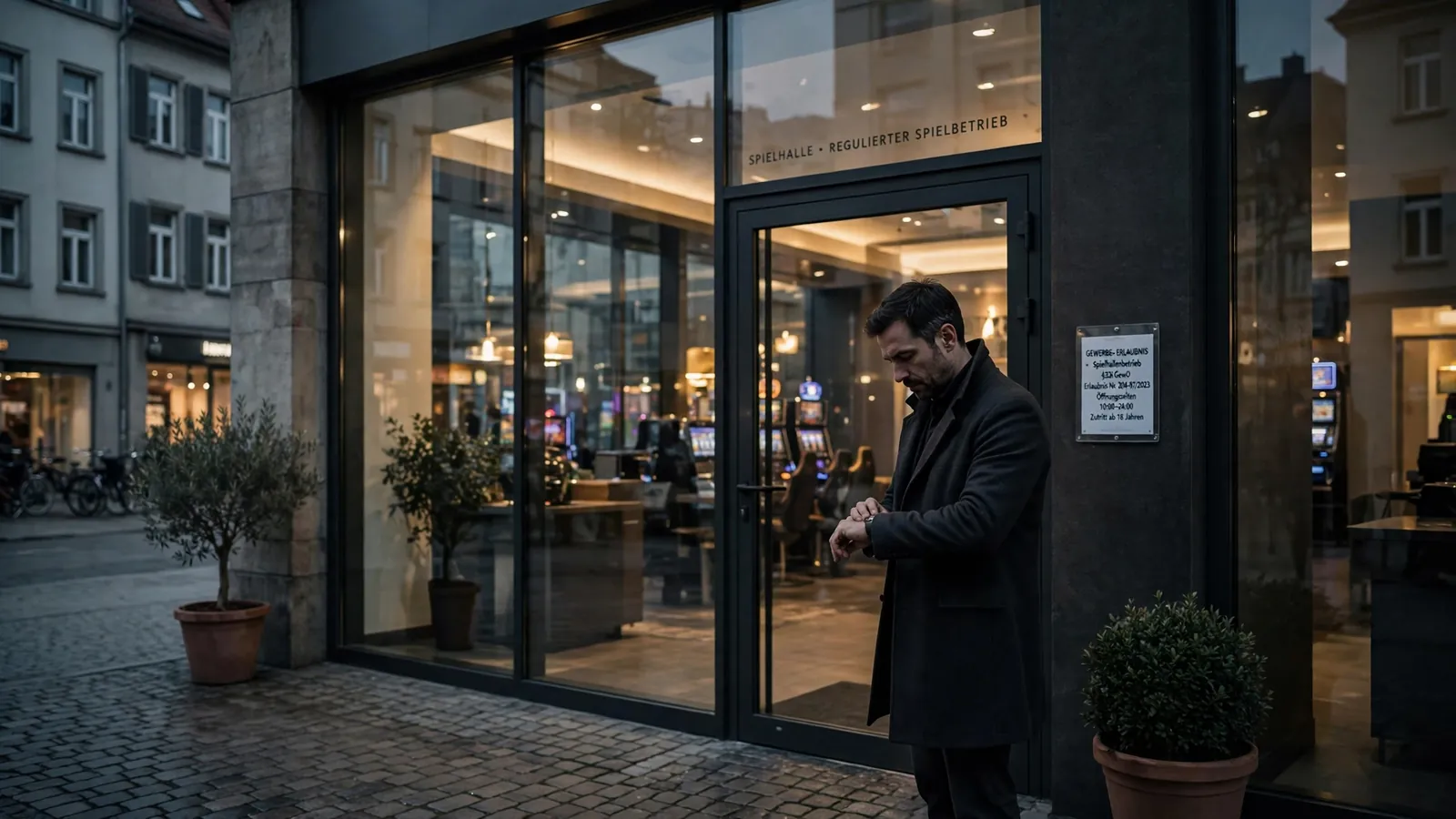 Eingang eines lizenzierten Spielcasinos in einer deutschen Stadt in der Abenddämmerung.