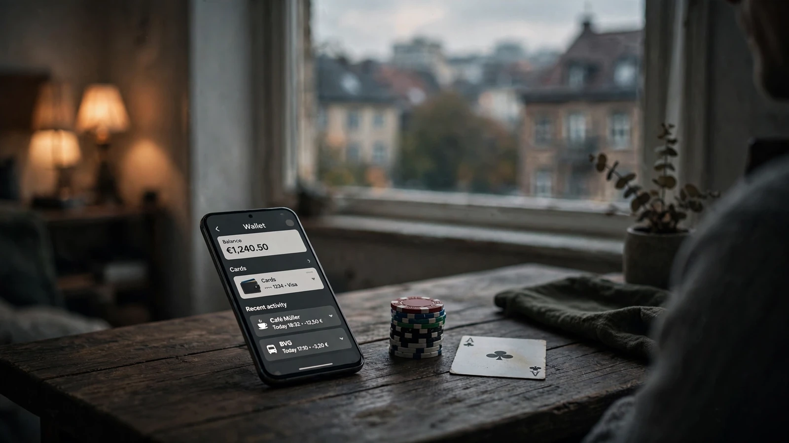 Smartphone mit Wallet-App neben Casino-Chips auf einem Tisch