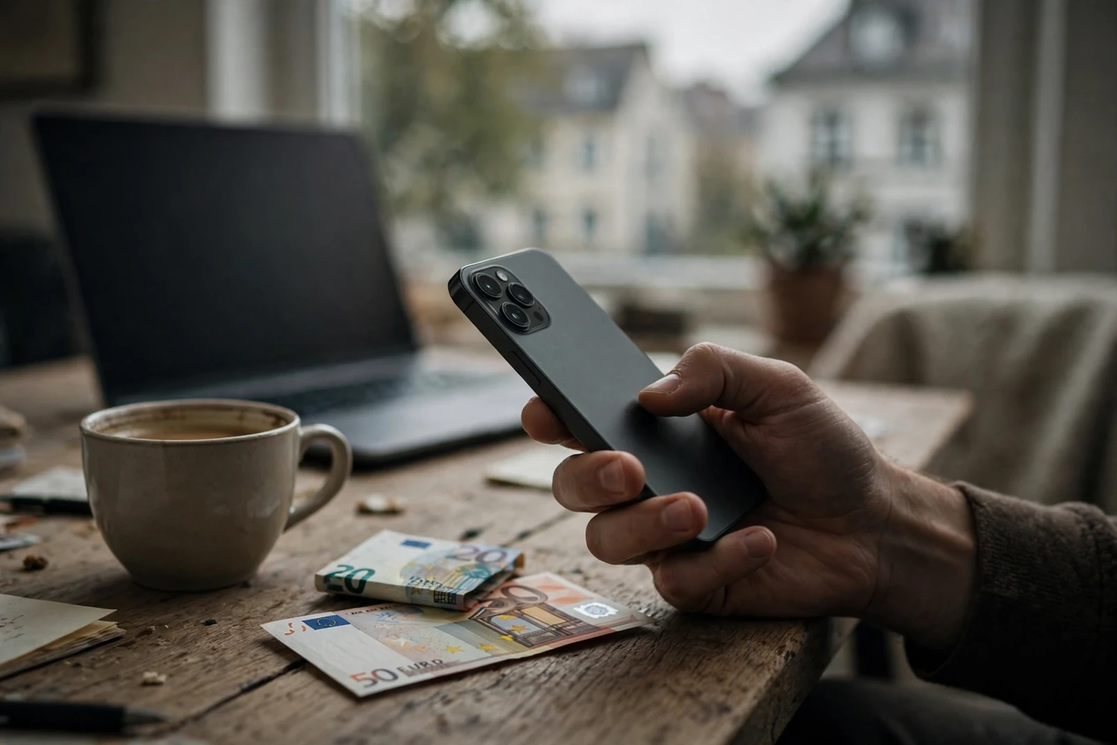 Hand hält Smartphone neben Euro-Scheinen auf Schreibtisch, neutraler Bildschirm.