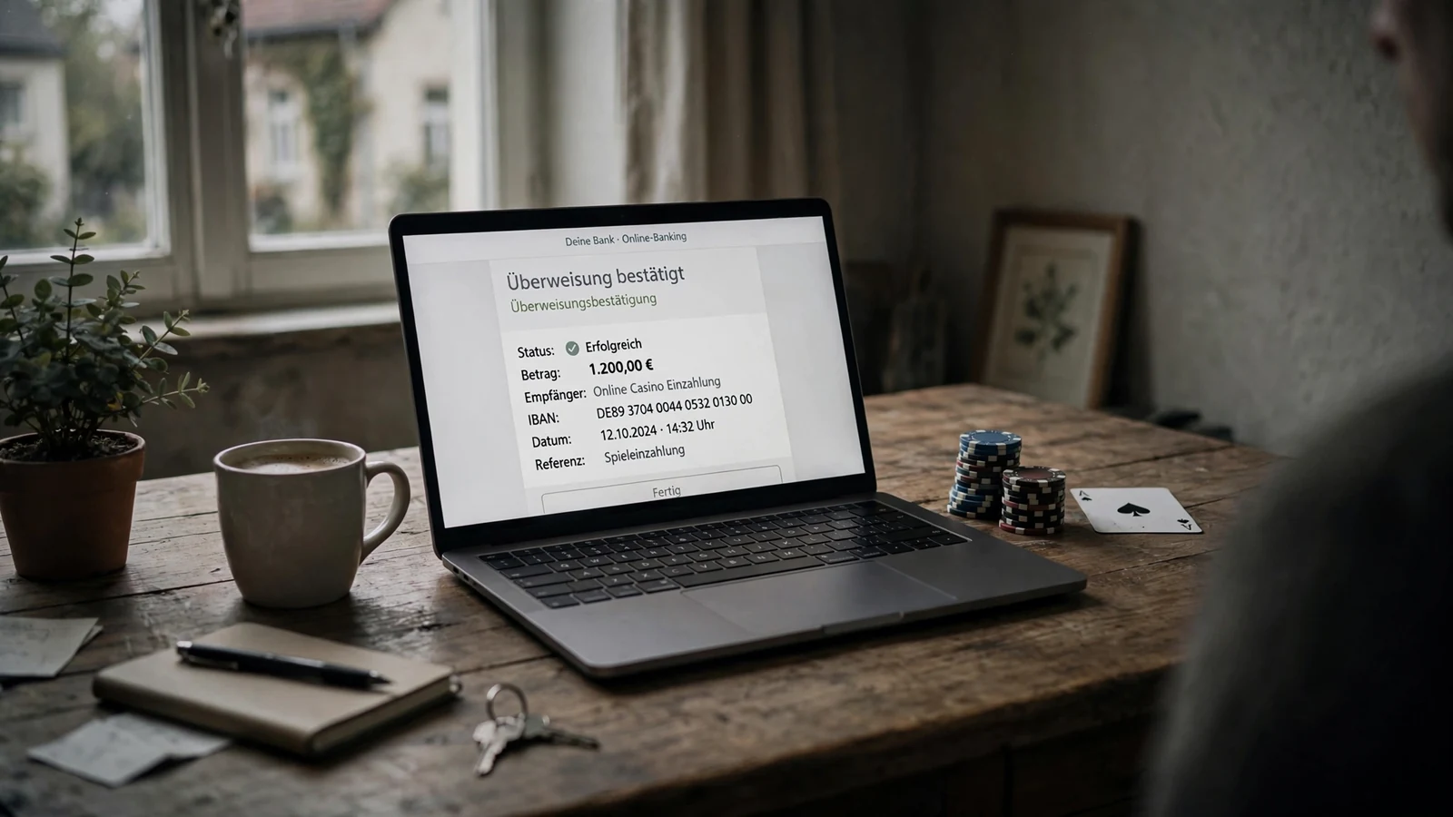 Schreibtisch mit Laptop, der eine neutrale Banküberweisungsbestätigung anzeigt, Spielchips und Spielkarte daneben