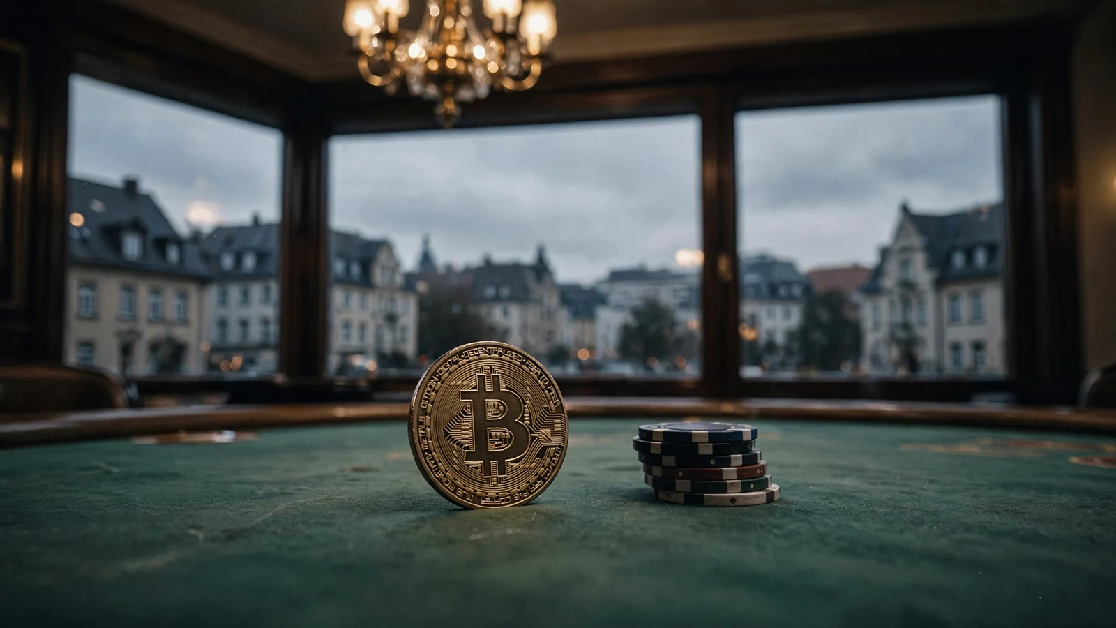 Bitcoin-Münze auf Casinotisch mit Chips, deutsche Stadt im Hintergrund