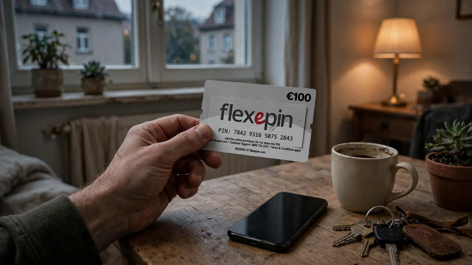 Hand hält prepaid Gutschein mit PIN-Code über Holztisch neben Smartphone in deutscher Wohnung.